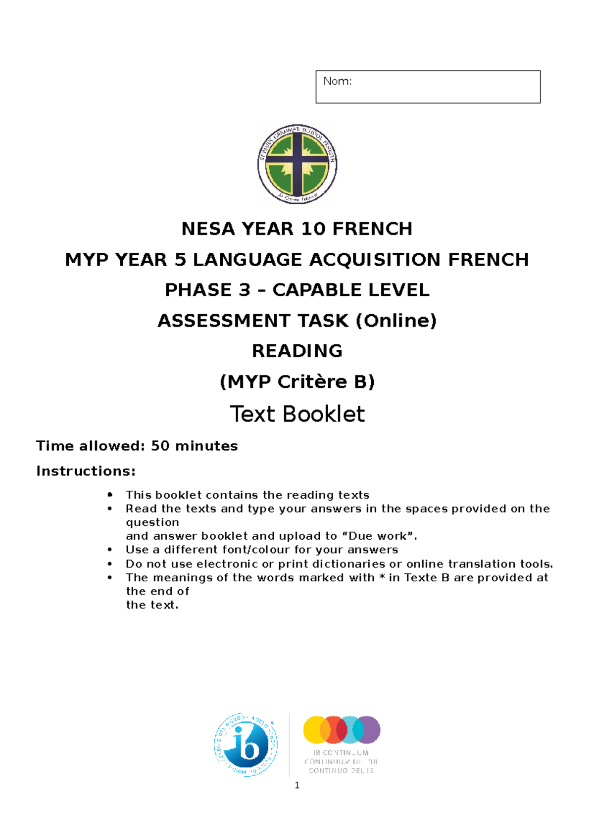 Chère lexie french NESA YEAR 10 FRENCH MYP YEAR 5 LANGUAGE