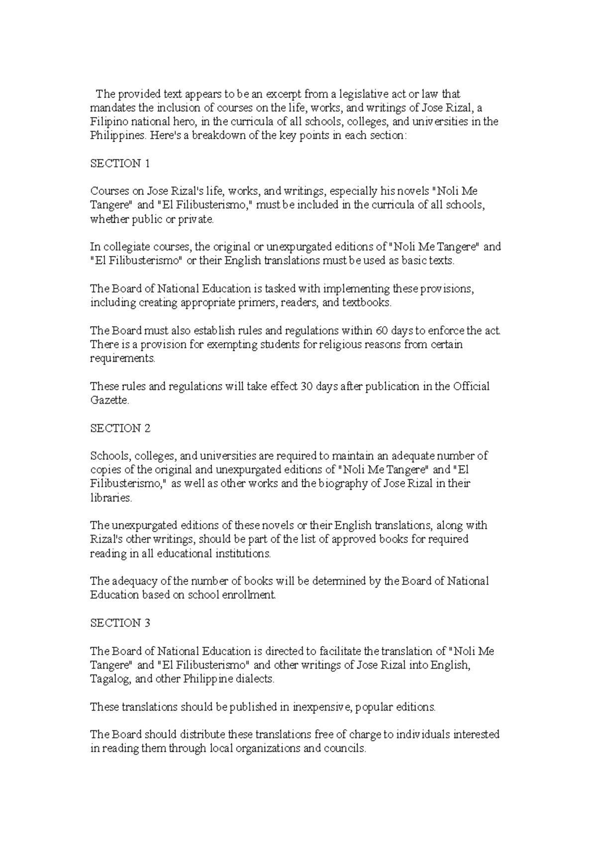 Rizal law - For you - The provided text appears to be an excerpt from a ...
