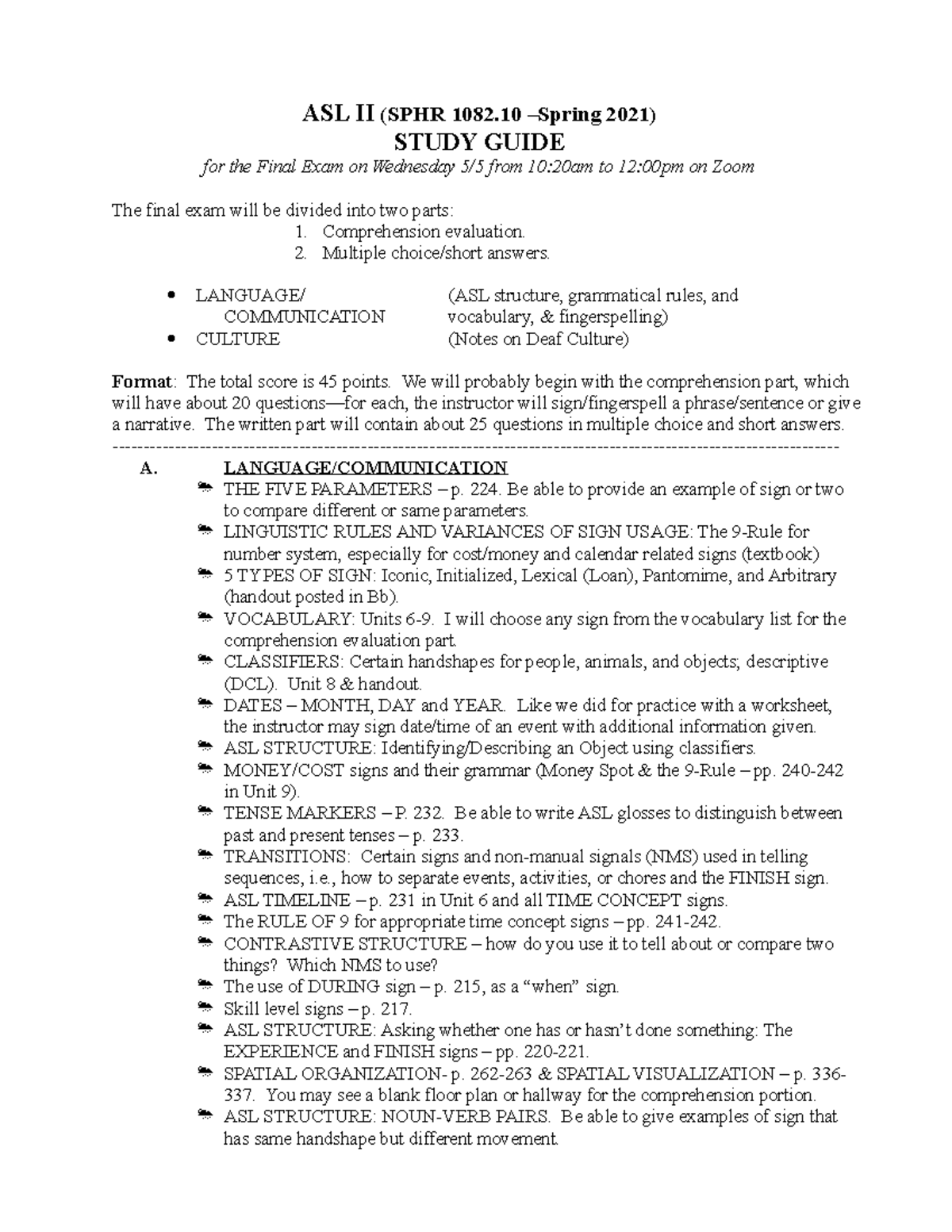 ASL II Final EXAM Study Guide MASL610 ASL II (SPHR 1082 Spring
