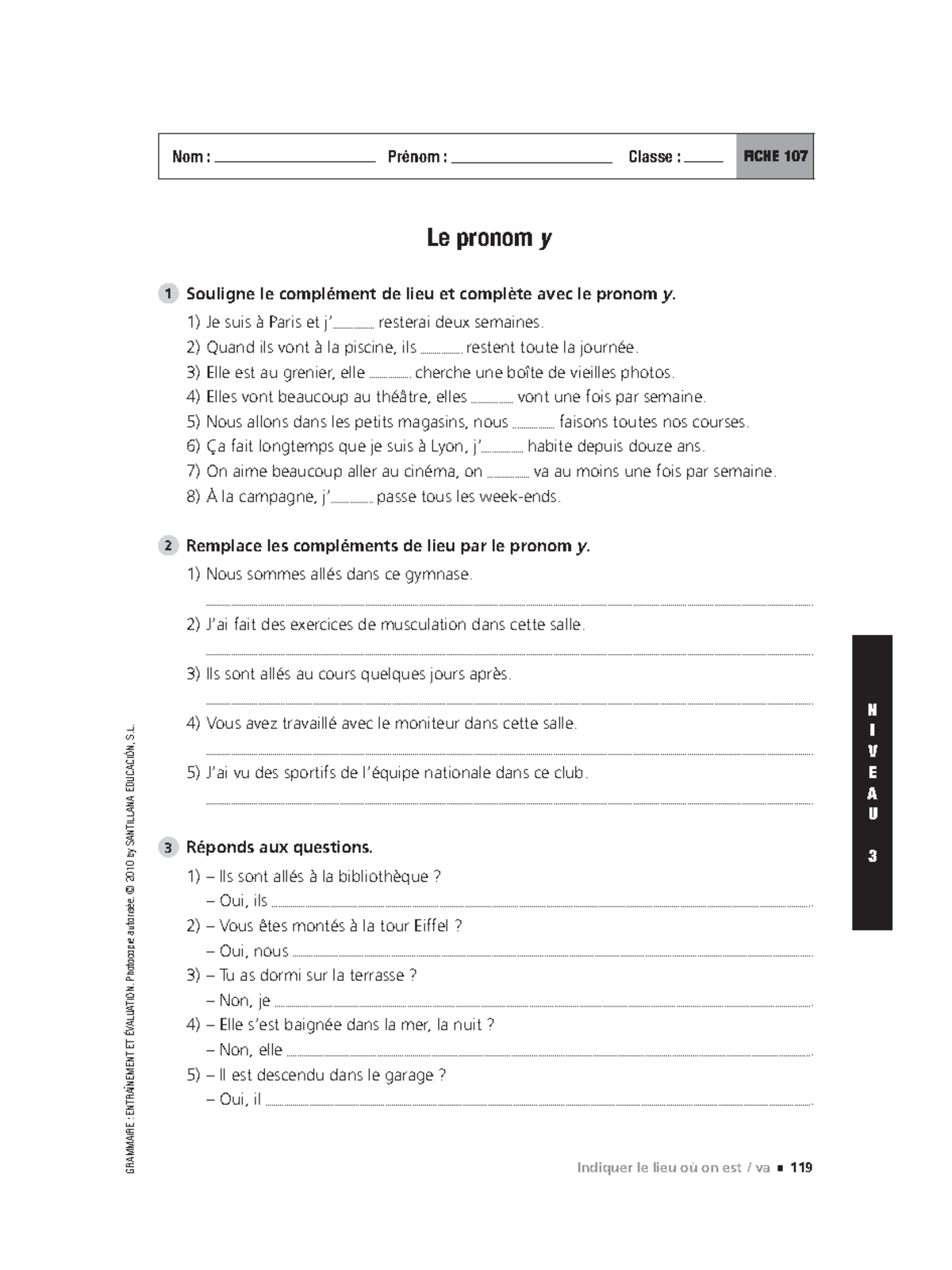 Pronom Y Exercise-2 - actividad - GRAMMAIRE : ENTRAÎNEMENT ET ...