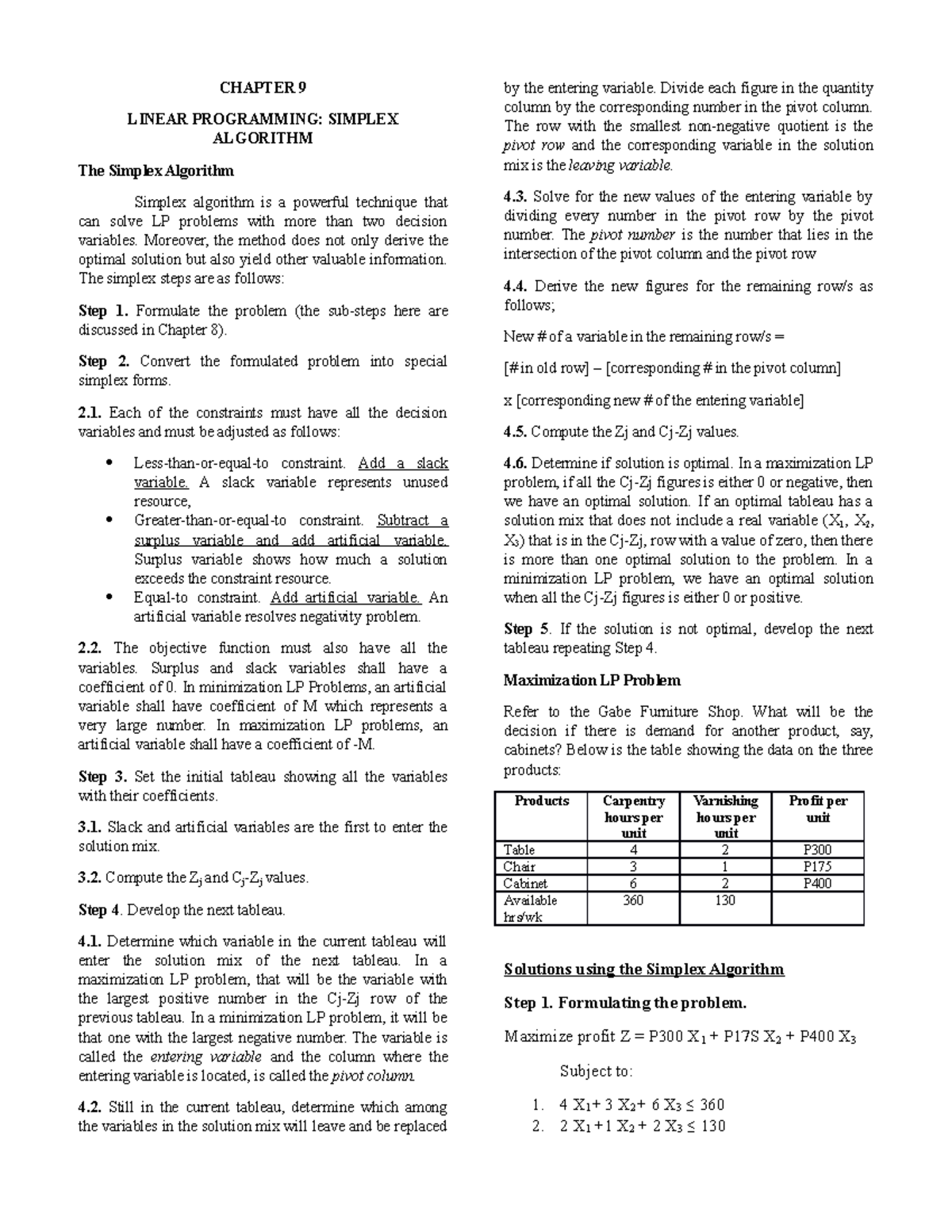 Chapter 9 written report - CHAPTER 9 LINEAR PROGRAMMING: SIMPLEX ...