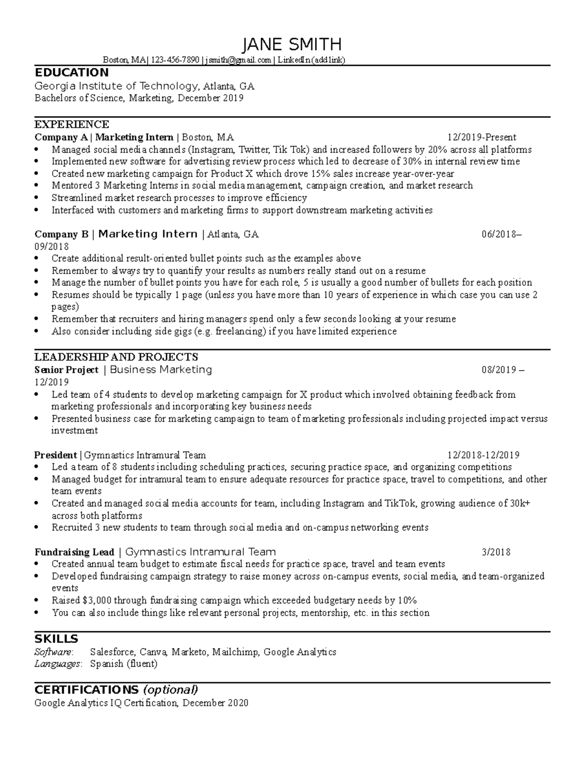 ATS-Friendly-Resume-New-Grad-Intern copy for the - JANE SMITH Boston ...