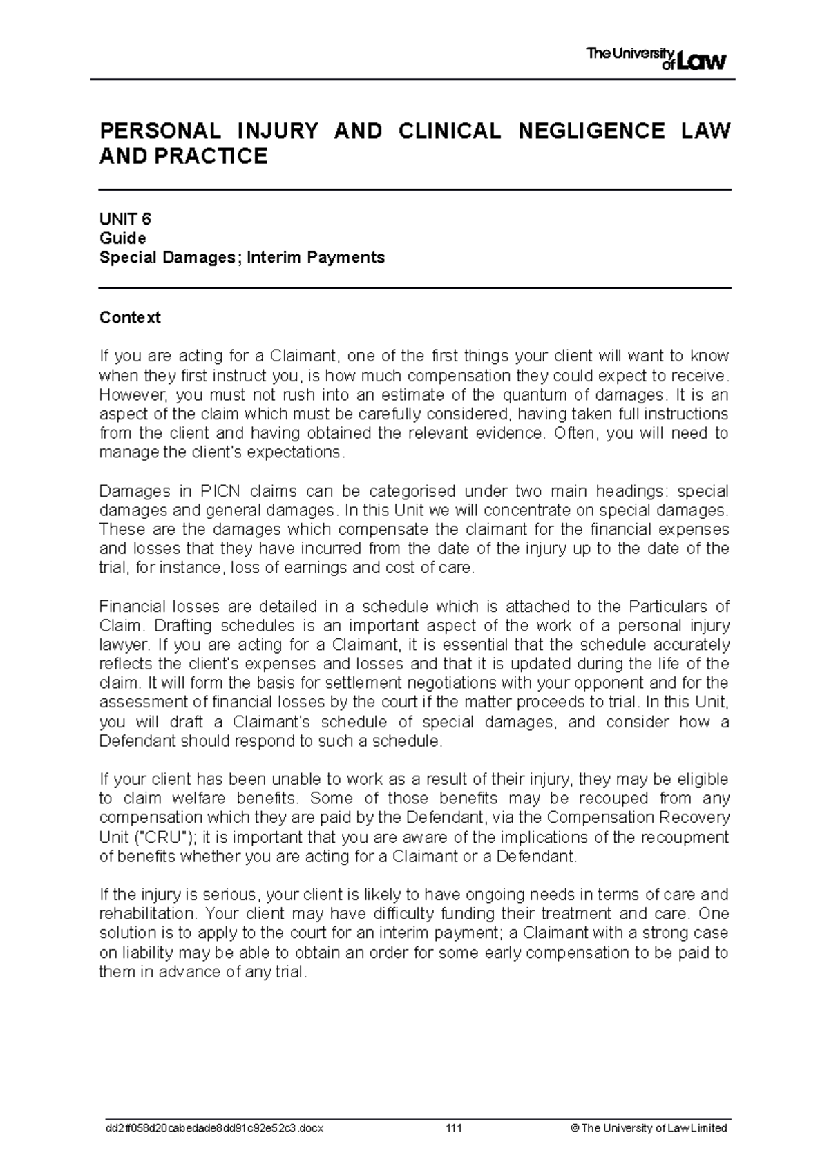 (W6.1) Special Damages - PERSONAL INJURY AND CLINICAL NEGLIGENCE LAW ...