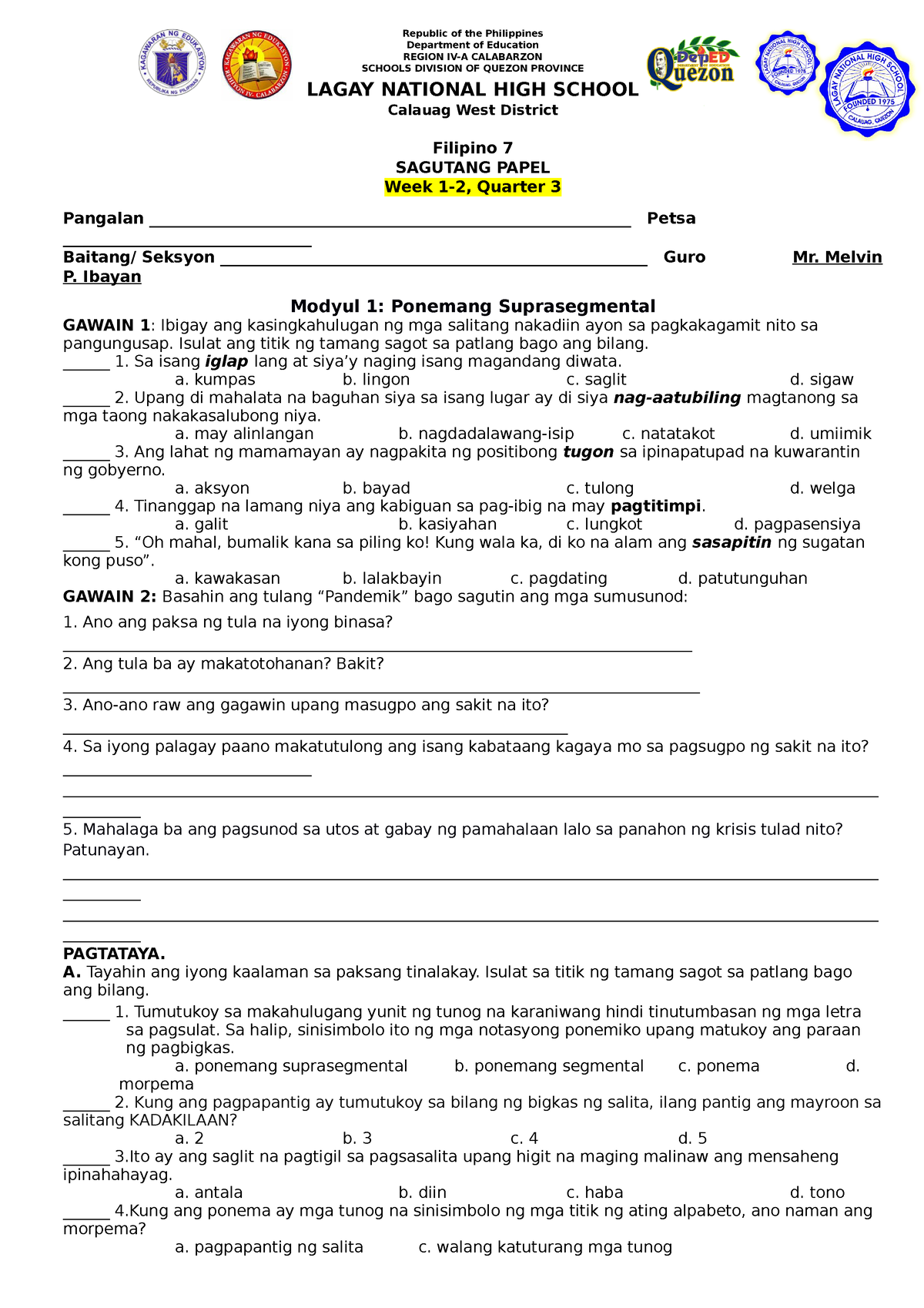 Filipino 7 -Week 1-2-q3 - Republic Of The Philippines Department Of ...