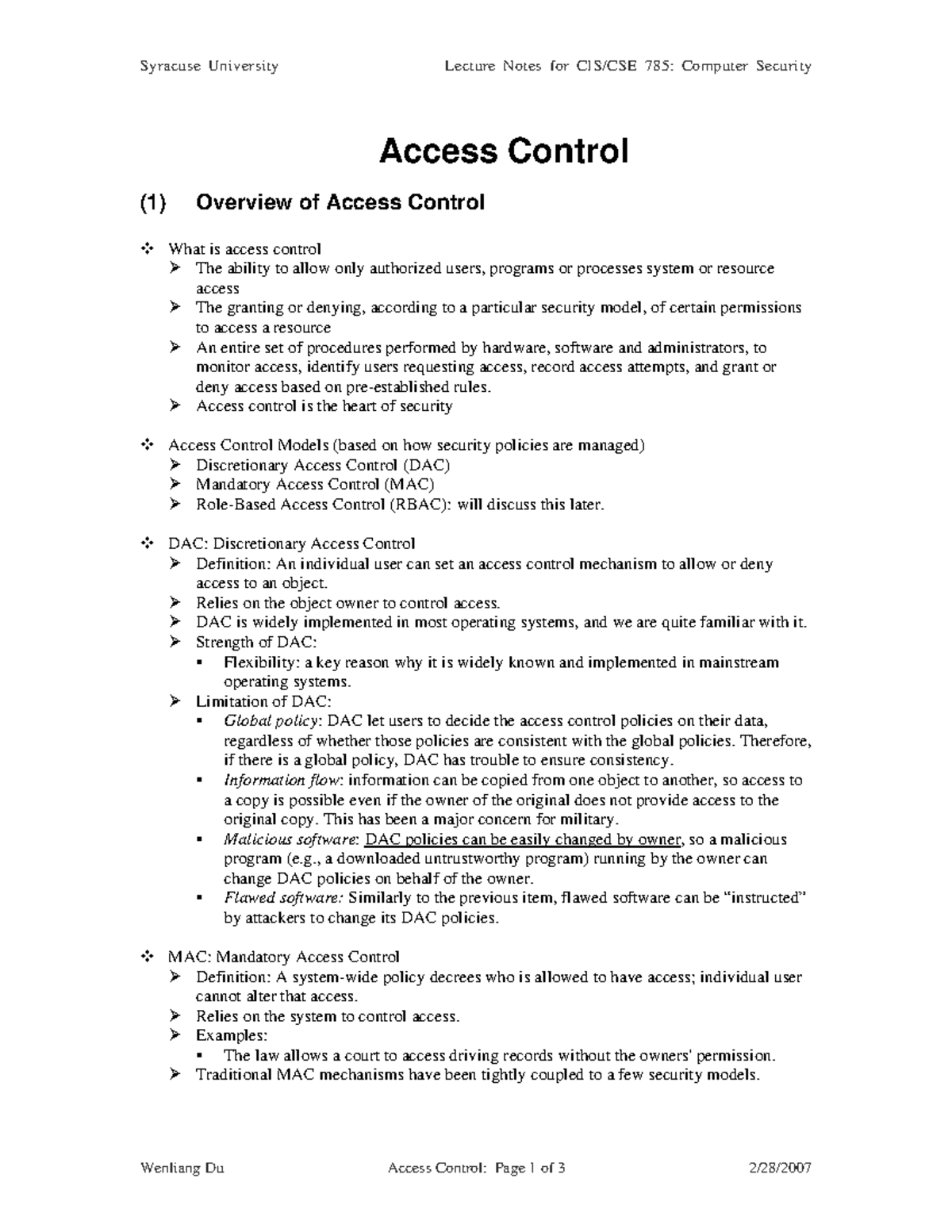 Access Control intro - Syracuse University Lecture Notes for CIS/CSE ...