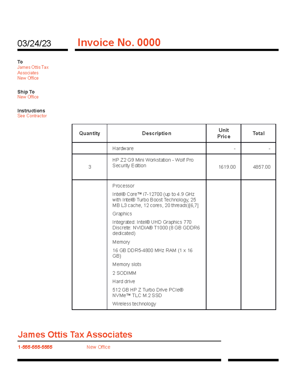 Invoice - 0000 To James Ottis Tax Associates New Office Ship To New ...