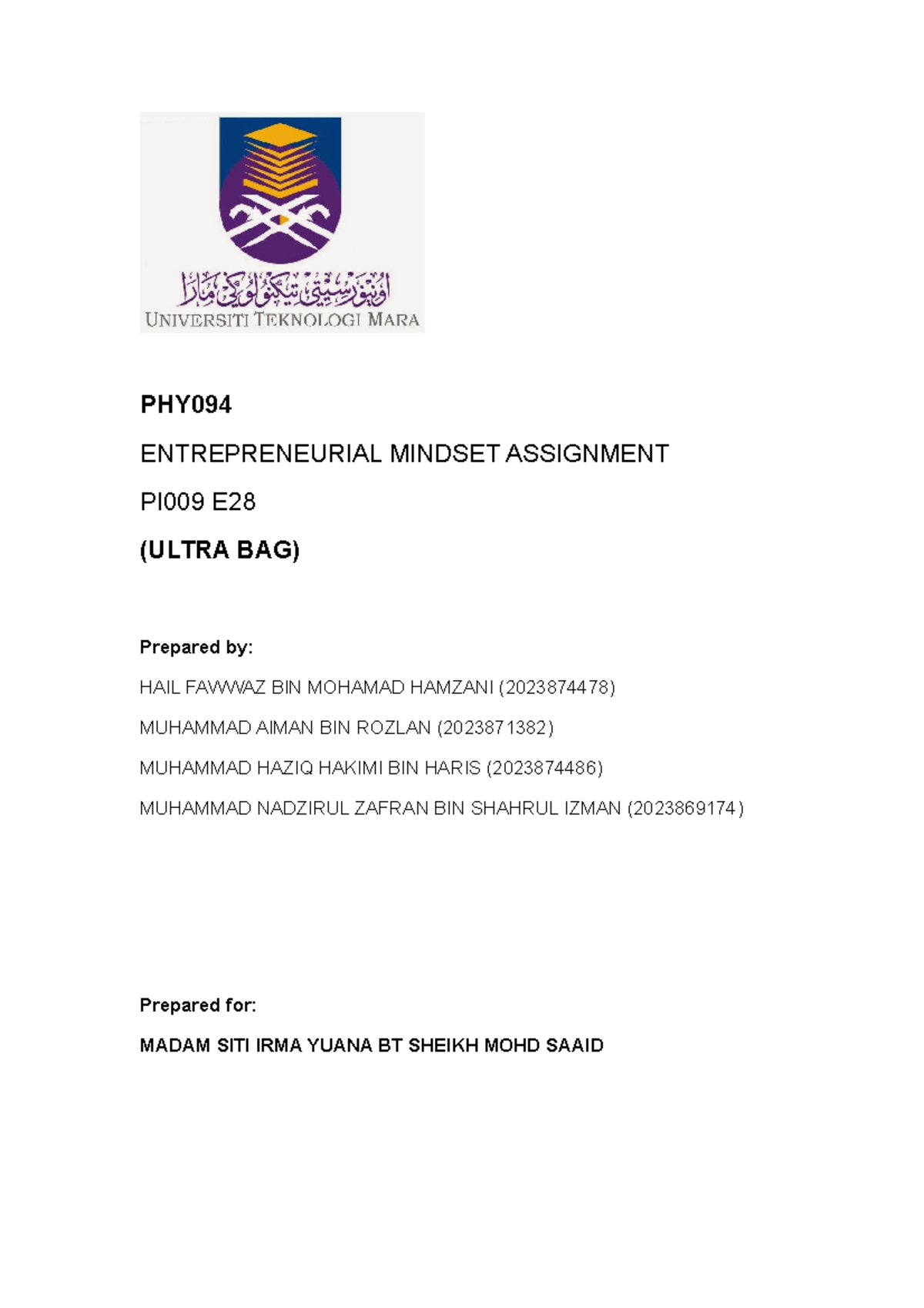 Entrepreunal Mindset Assignment - PHY ENTREPRENEURIAL MINDSET ...