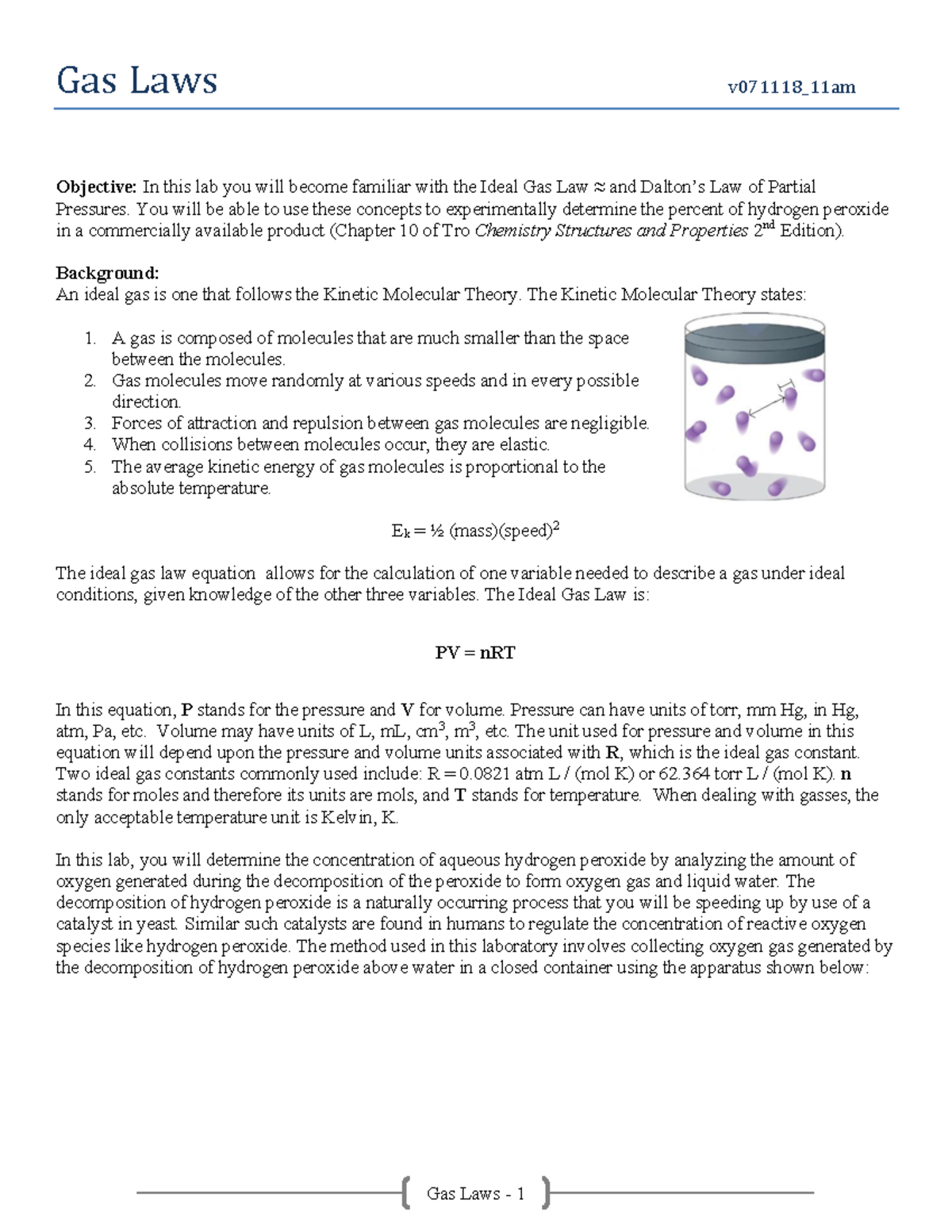 Gas Law Lab with Data Gas Law laboratory with included example lab