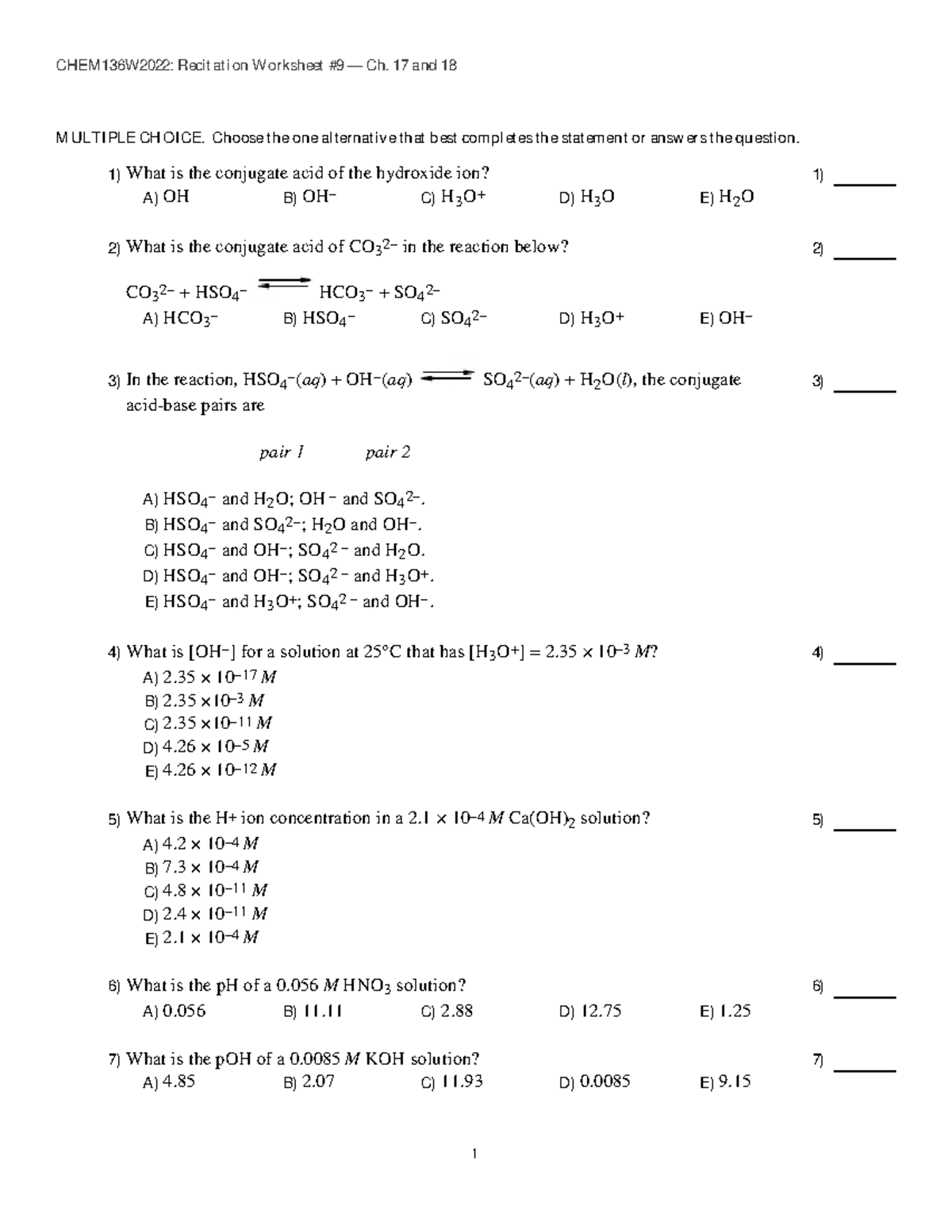 CHEM136W22-RW9 - hhhhh - CHEM 136W2022: Reci t at i on Worksheet #9 ...