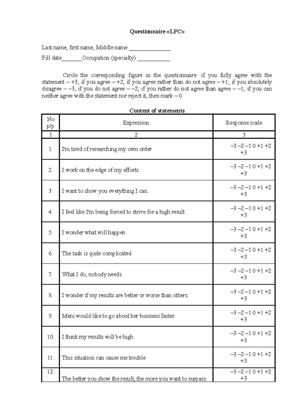 LPC - QUESTIONNAIRES - Questionnaire «LPC» Last name, first name ...