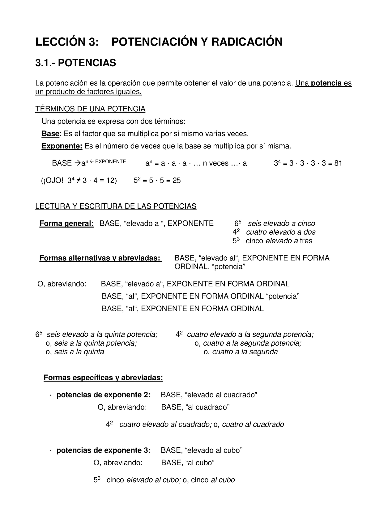 Potencia Base Practica - LECCIÓN 3: POTENCIACIÓN Y RADICACIÓN 3 ...