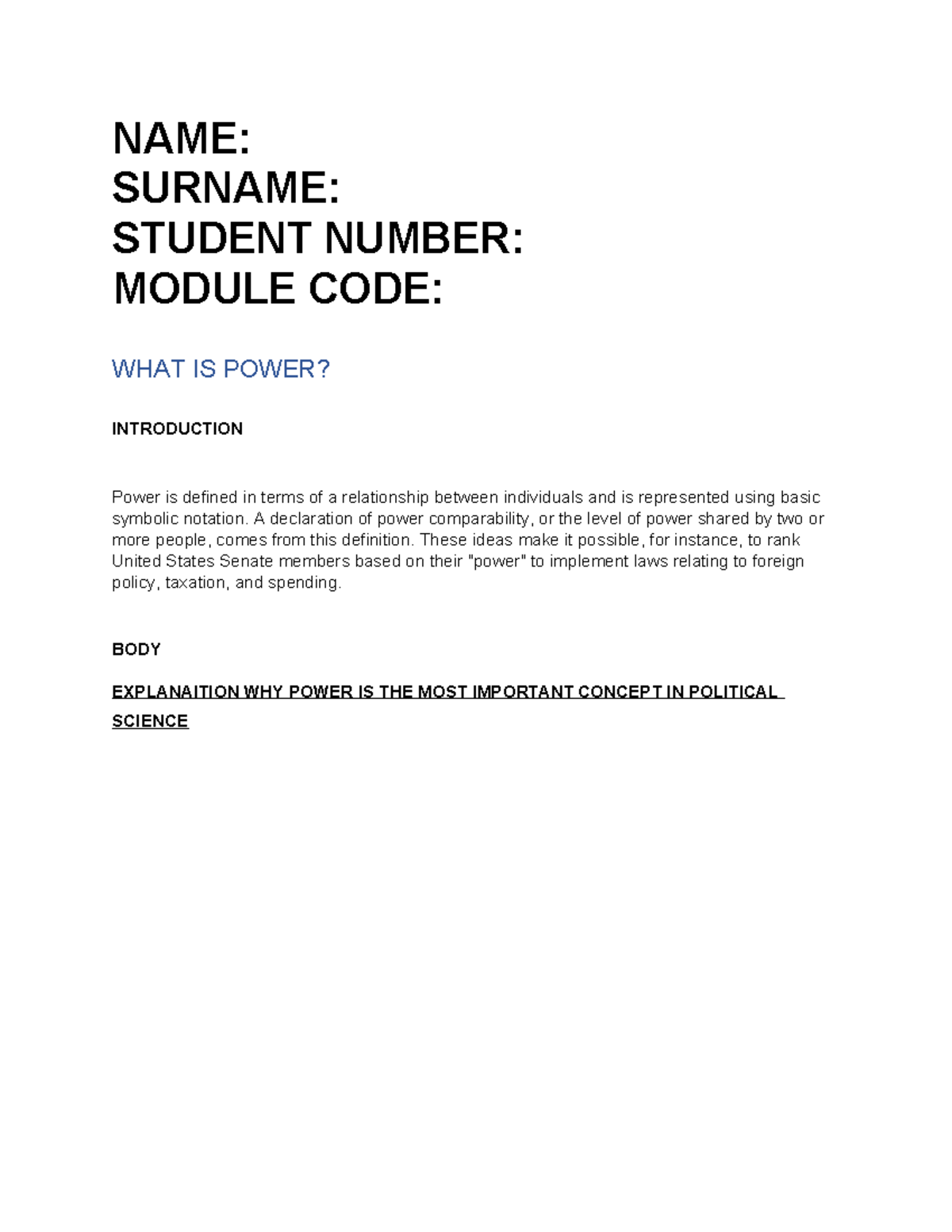 POLI Assignment - framework for local government - NAME: SURNAME ...