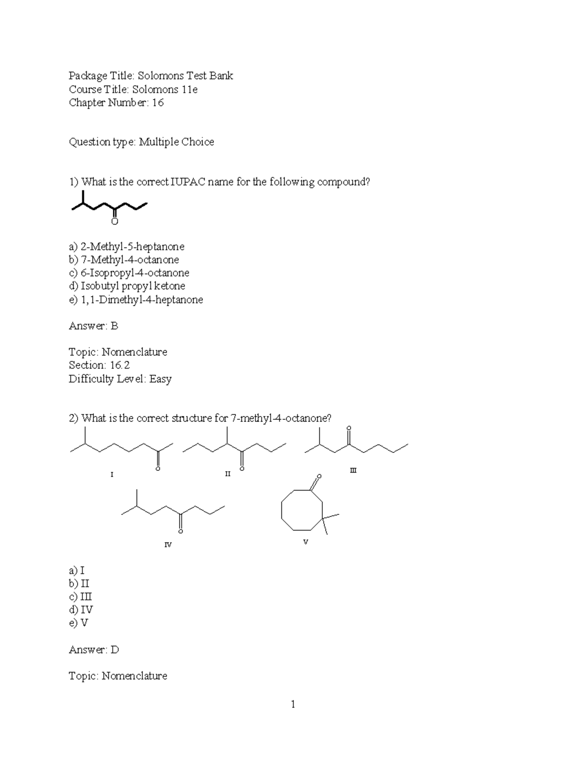 Chem 232 Chapter 16 - Package Title: Solomons Test Bank Course Title ...