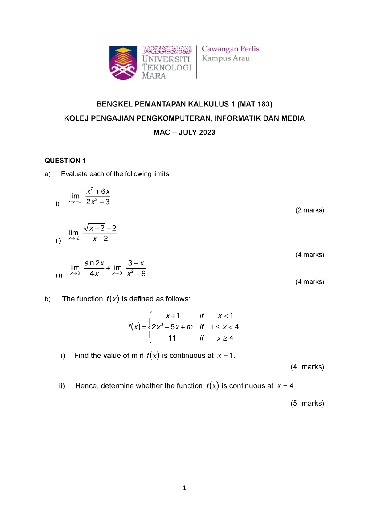 Question Bengkel Pemantapan Kalkulus 1 - Calculus I - UiTM - Studocu