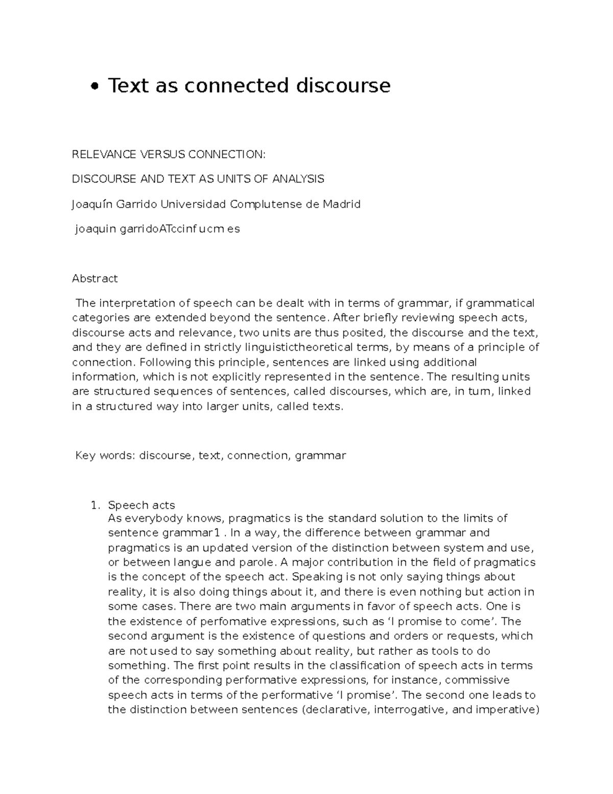 Reading and writing skills Text as connected discourse RELEVANCE