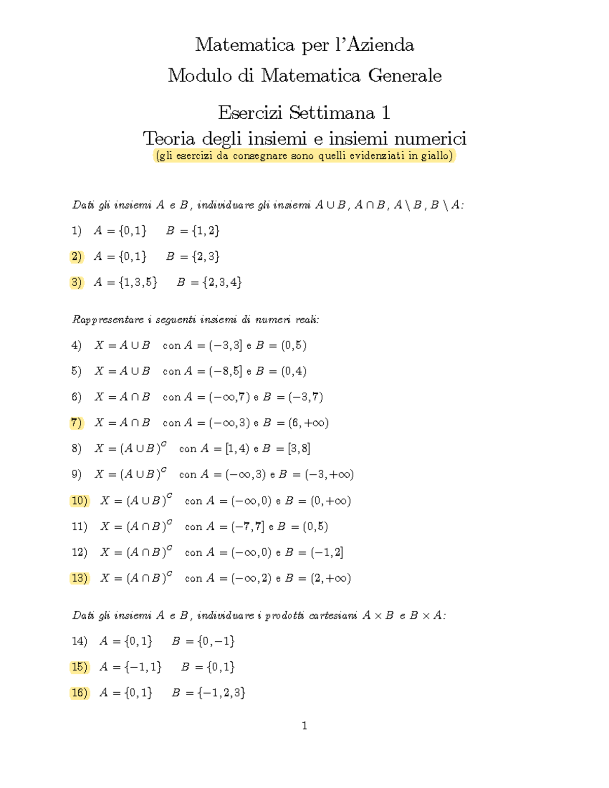 Esercizi Settimana 1 Matematica - Matematica Per LíAzienda Modulo Di ...