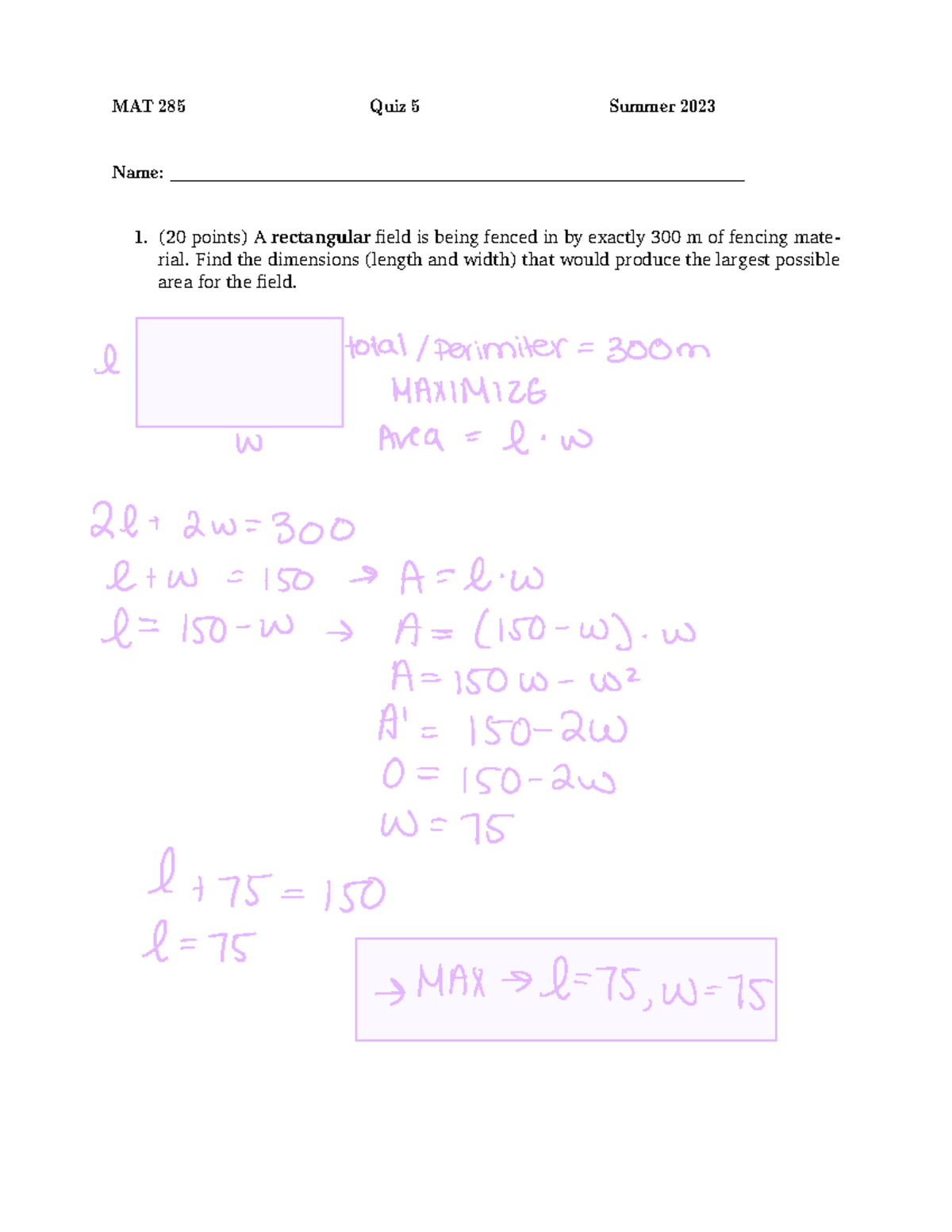 Quiz 5 - Summer quiz five with work and answers. - MAT 285 - Studocu