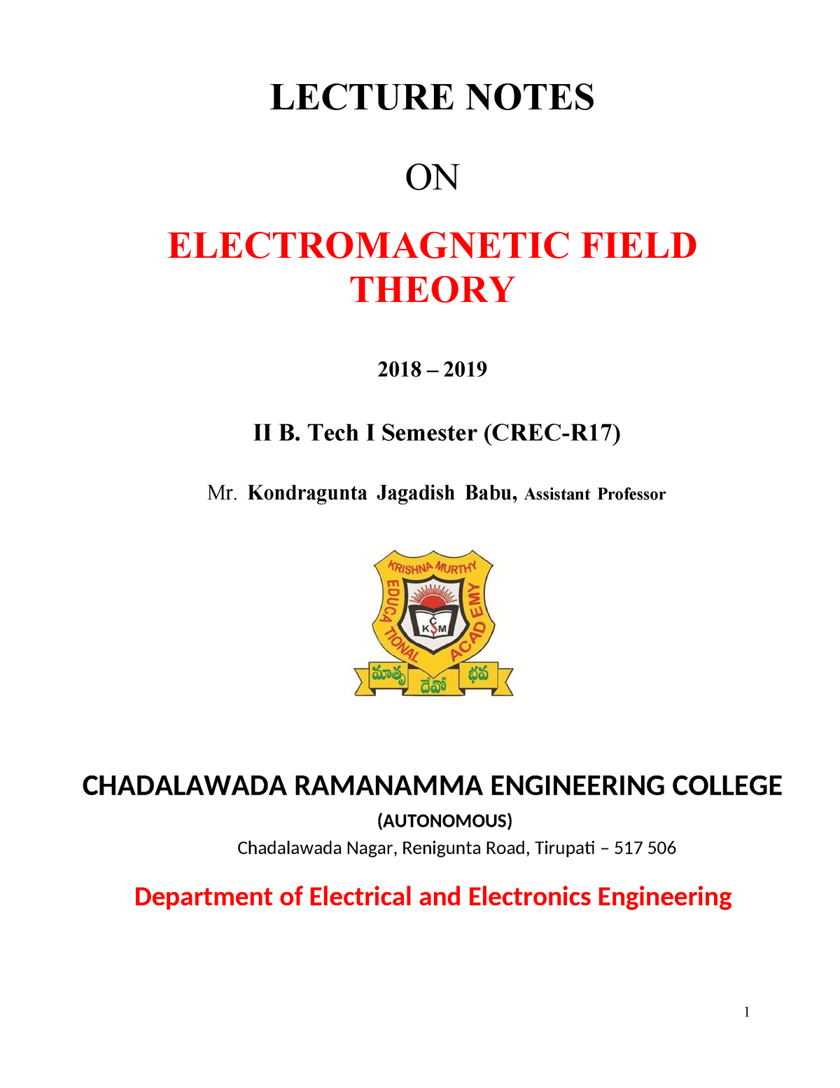 Electromagnetic Theory Notes Geektonight - LECTURE NOTES ON ...