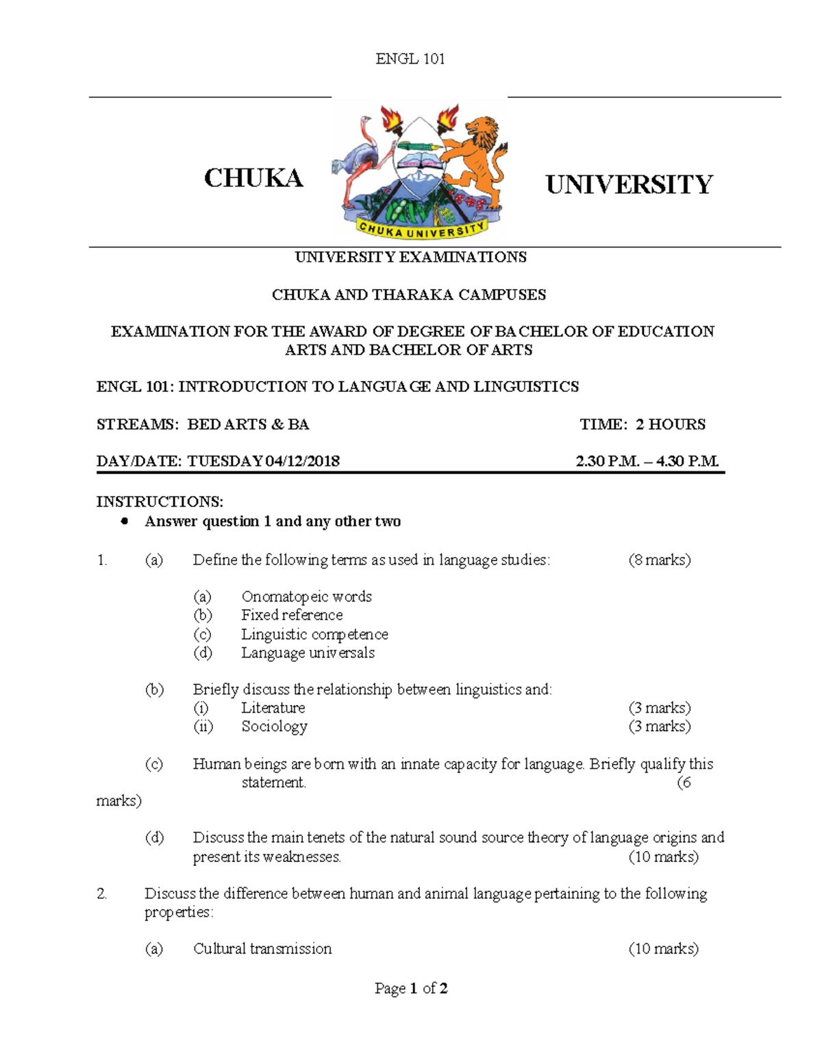 ENGL 101 - Answers to be kept brief and precise unless otherwise in ...