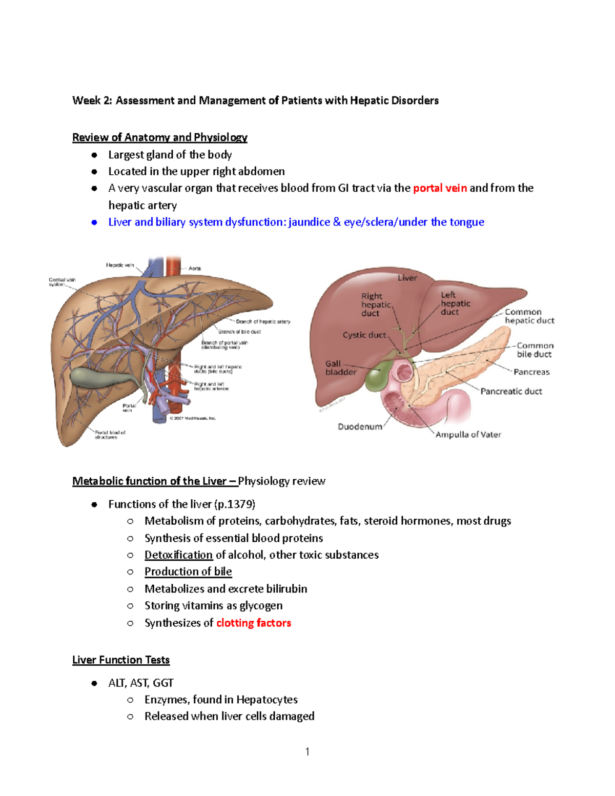 Week 2 Lecture Note Liver - Week 2: Assessment and Management of ...