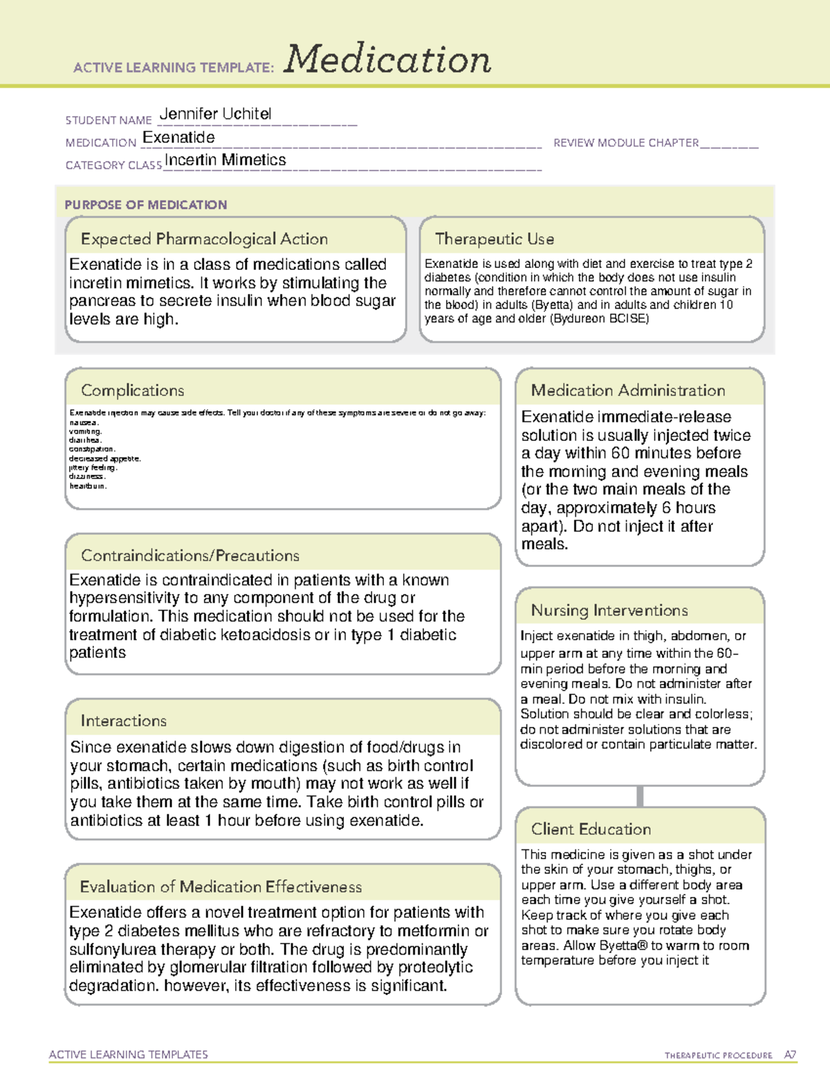 Exenatide med sheet ACTIVE LEARNING TEMPLATES THERAPEUTIC PROCEDURE