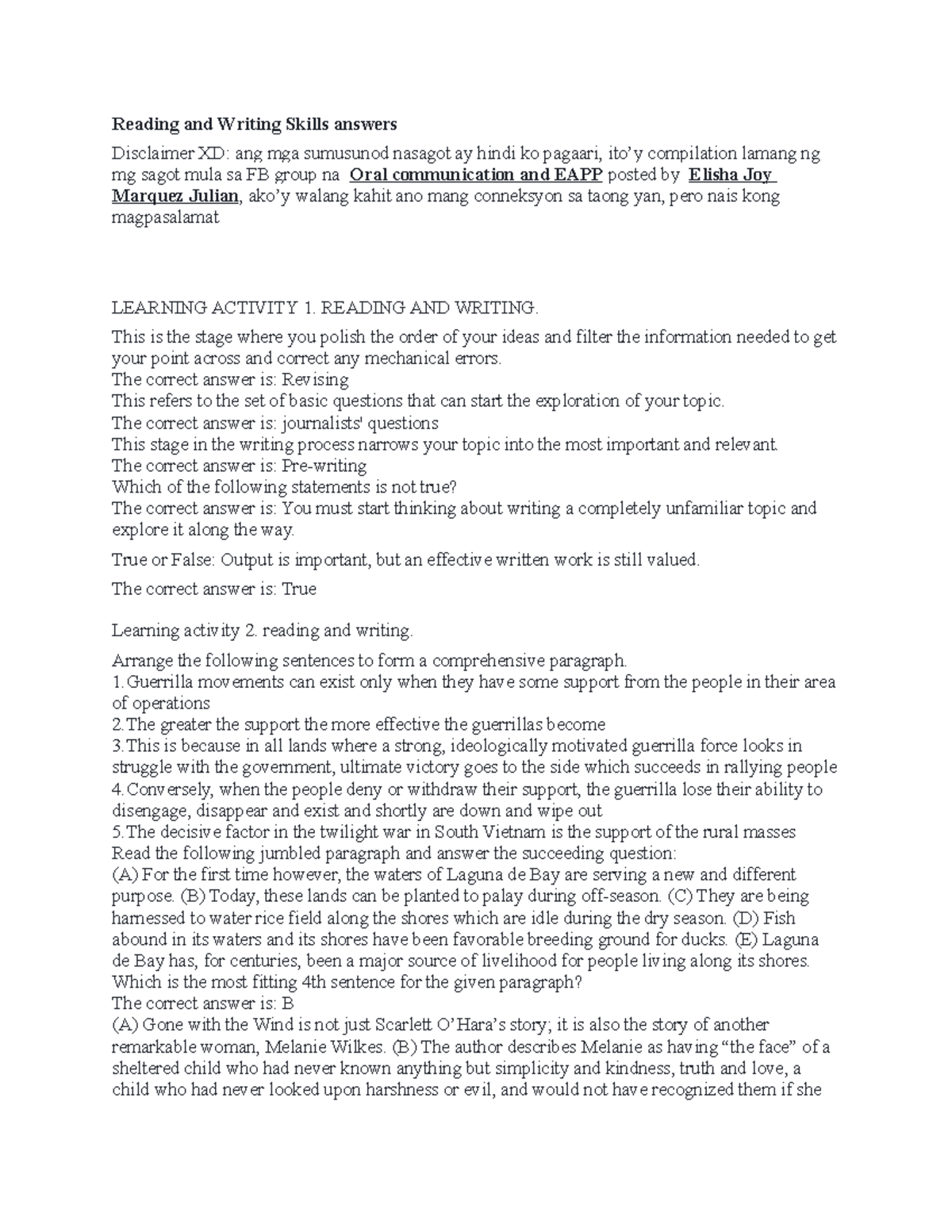 Reading and Writing ENGL 112 LEC 1822S Grade 11 Reading and Writing