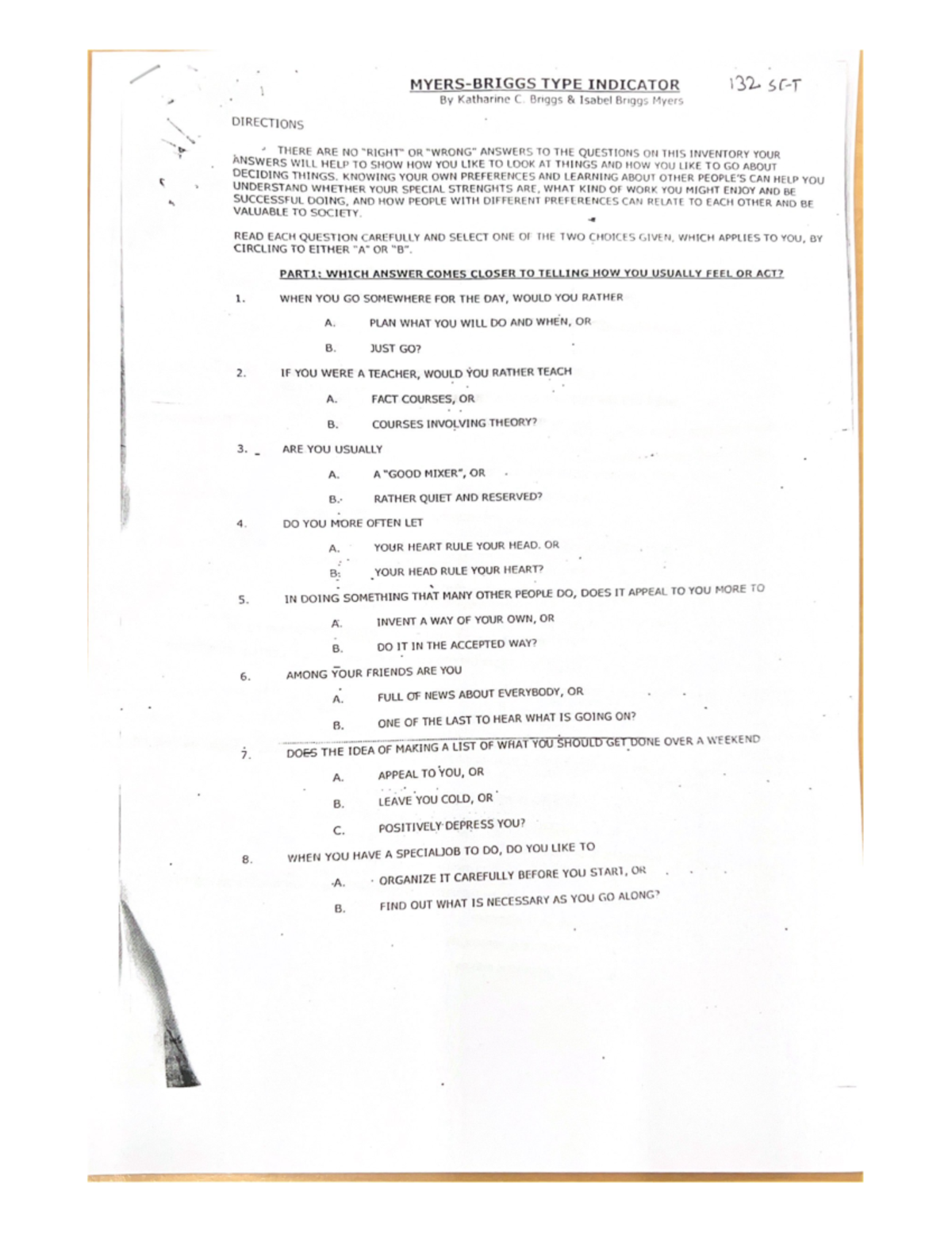 MBTI Questionnaire - Psychology Practical - Studocu