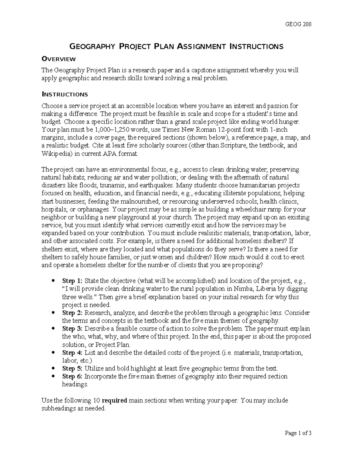 Geography Project Plan Assignment Instructions - GEOG 200 GEOGRAPHY ...