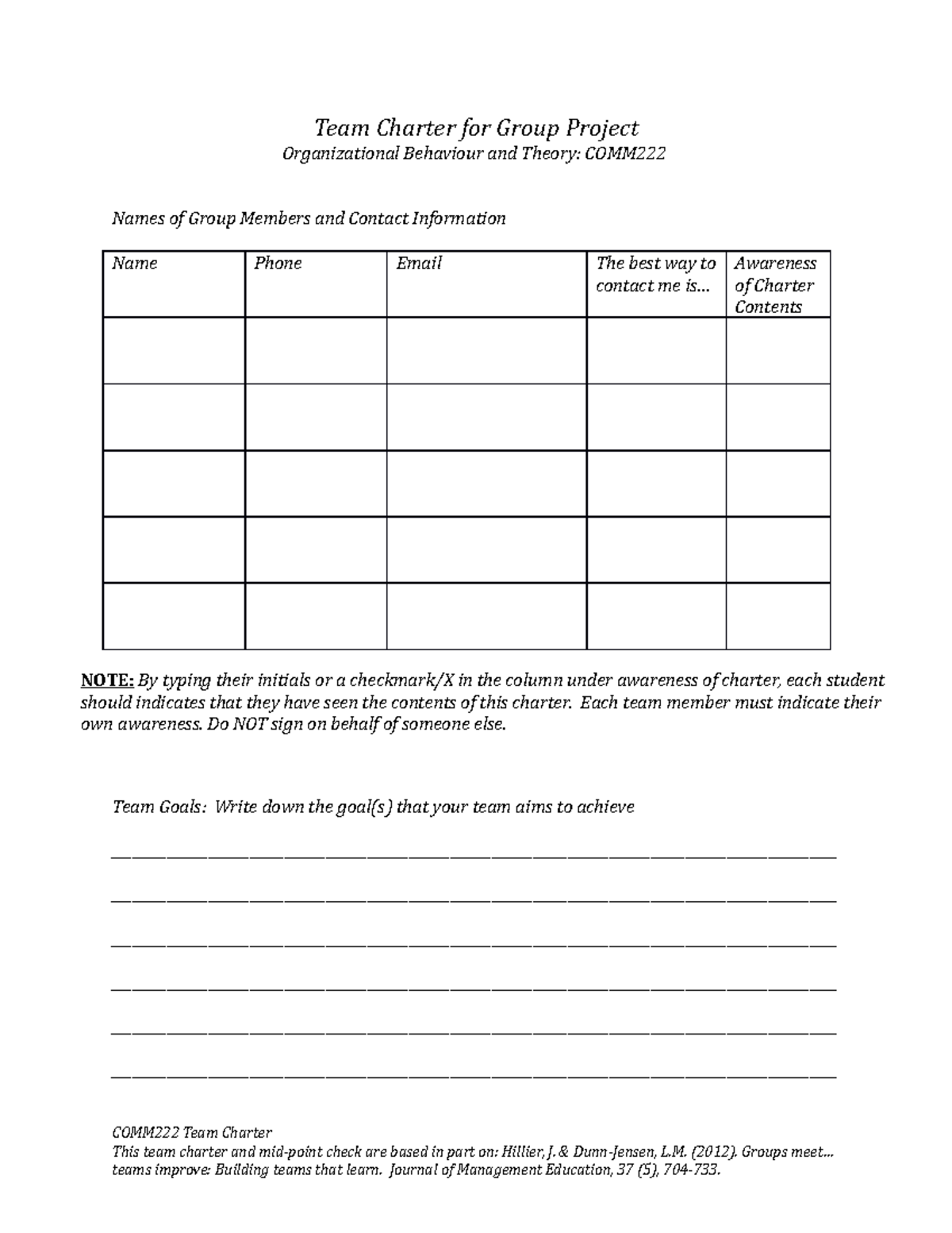 Team Charter for Group Project - Team Charter for Group Project ...