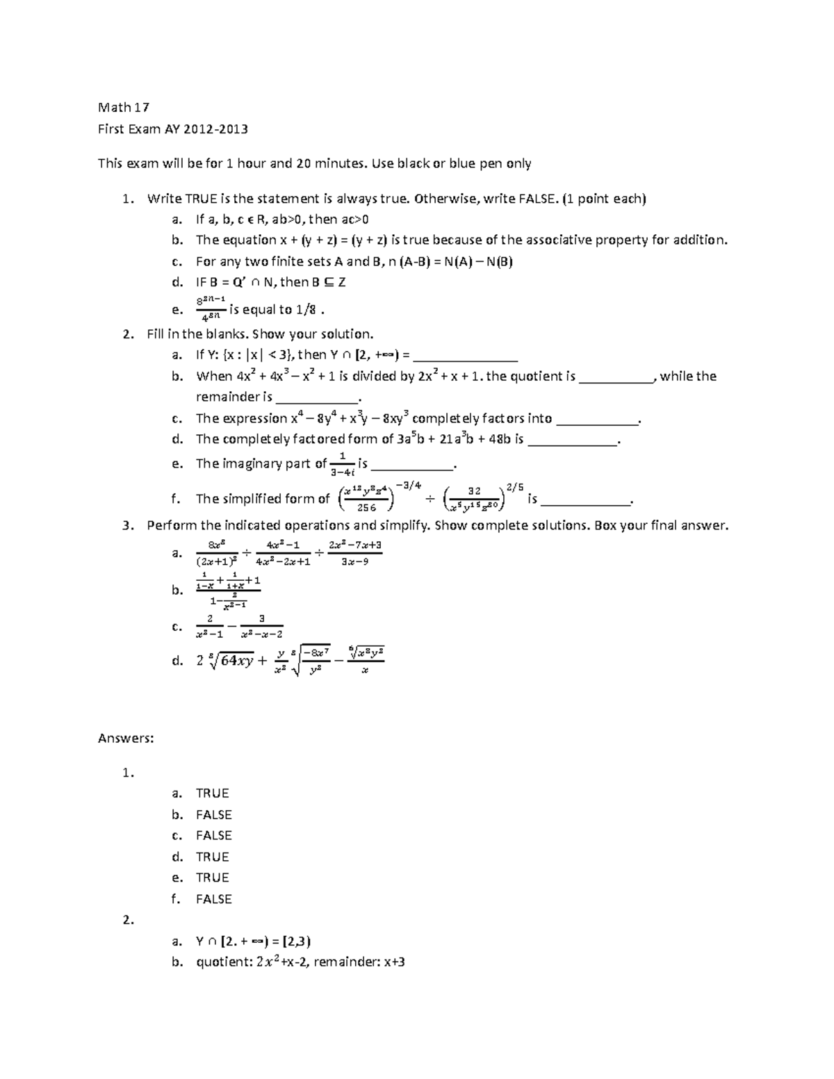 Exam 1 September, questions - Math 17 First Exam AY 2012-2013 This exam ...