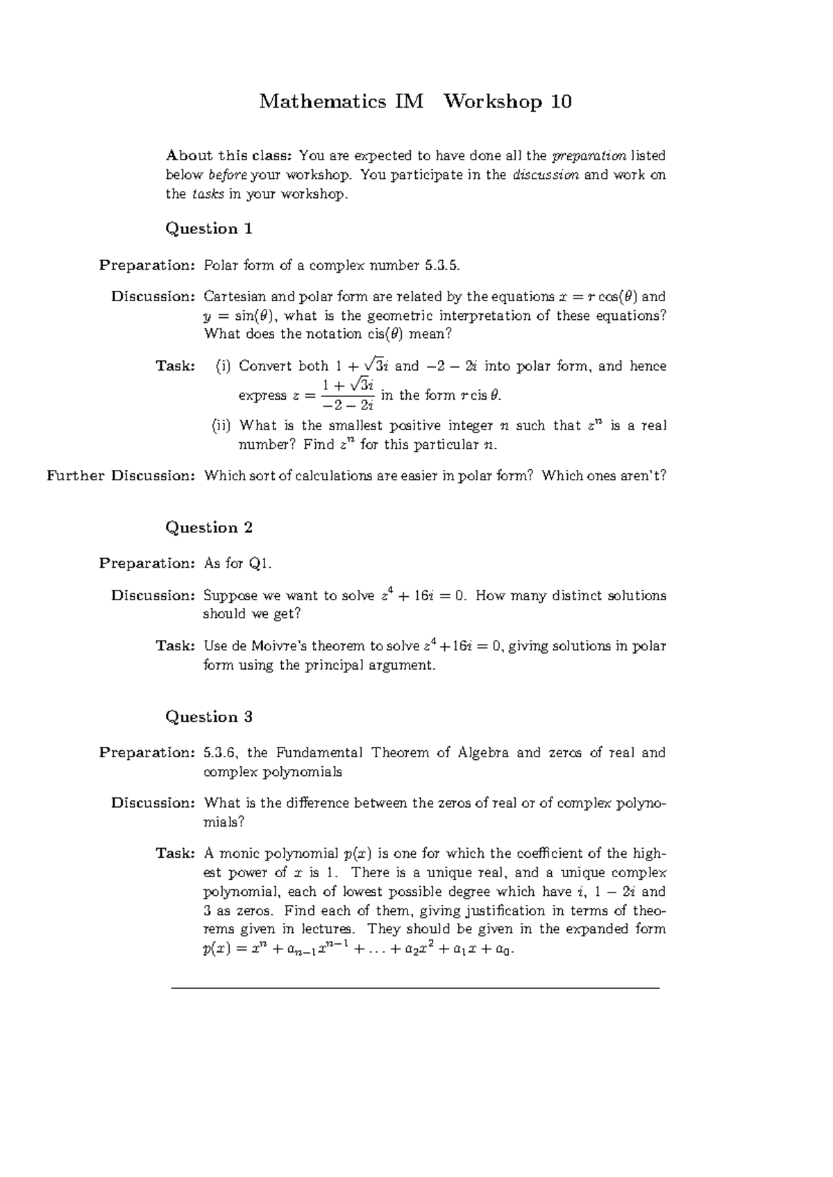 IM Workshop 10 q - Mathematics IM Workshop 10 About this class: You are ...