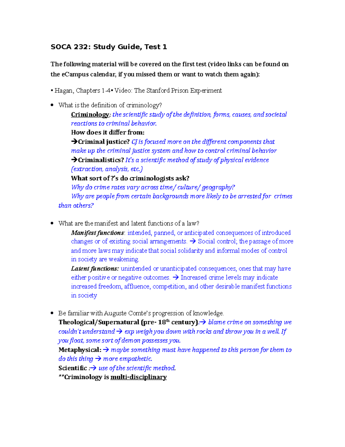 Exam 1 Study Guide - SOCA 232: Study Guide, Test 1 The following ...