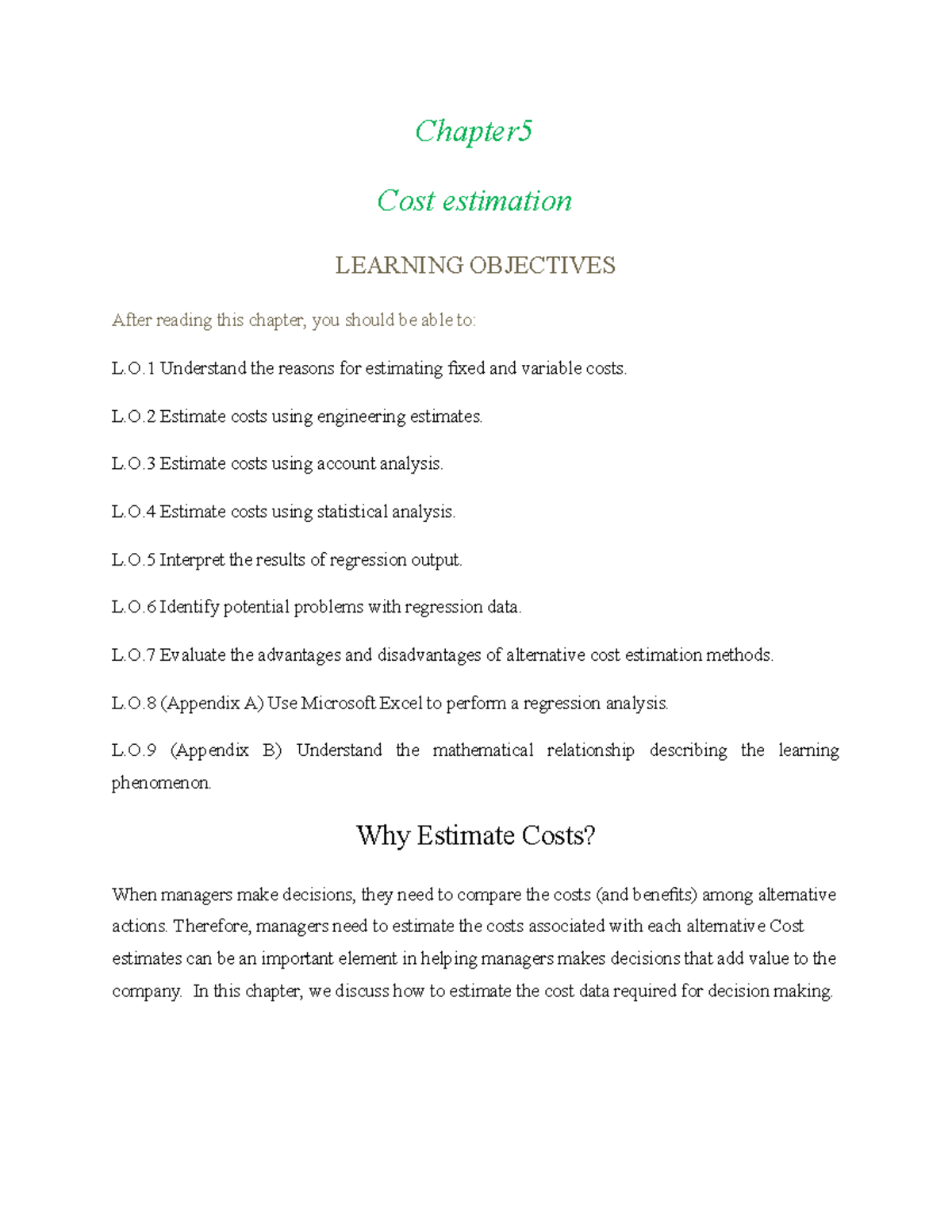 Chapter 5 - imprtant - Chapter Cost estimation LEARNING OBJECTIVES ...