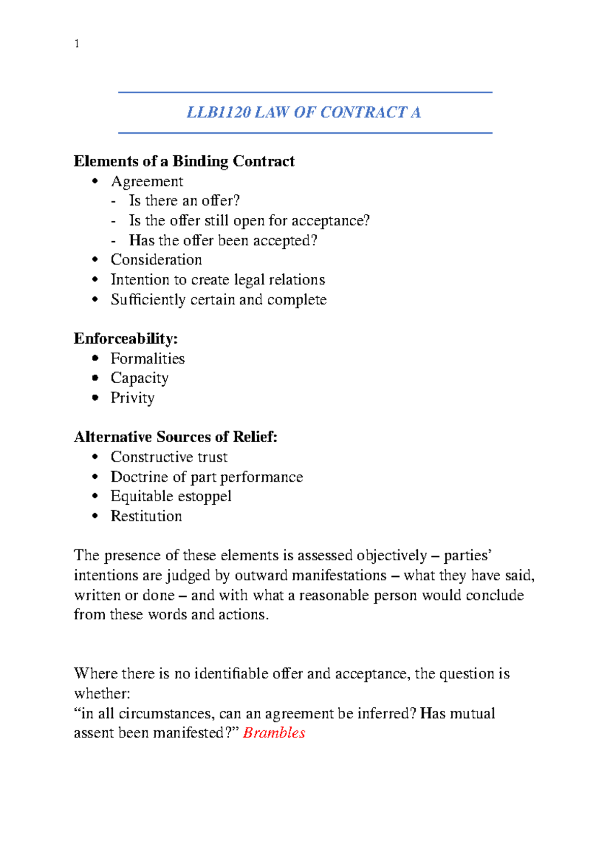 LLB1120 LAW OF Contract A - LLB1120 LAW OF CONTRACT A Elements of a ...