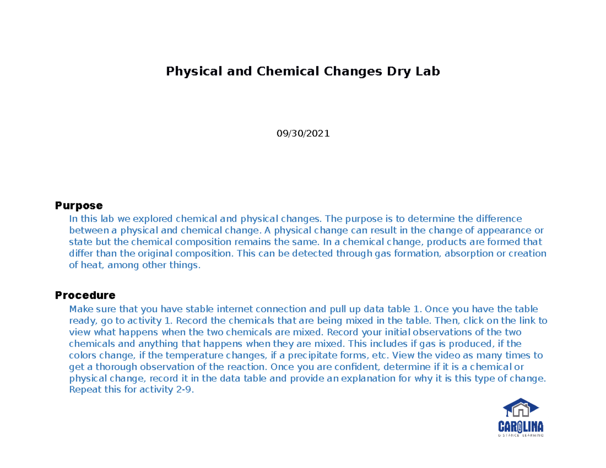 Lab Report Physical And Chemical Changes Dry CHEM 102 Introductory 