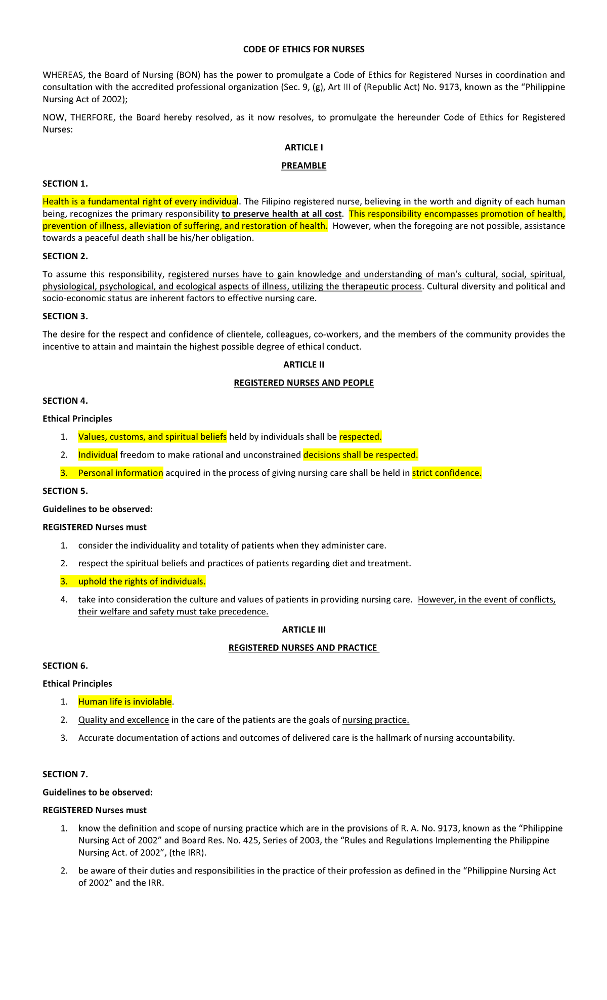 CODE OF Ethics FOR Nurses PDF copy - CODE OF ETHICS FOR NURSES WHEREAS ...