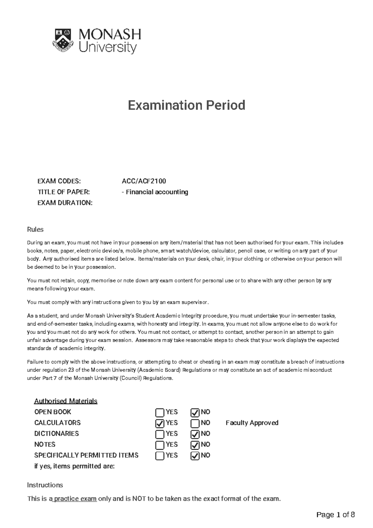 Acc2100 PRACTICE EXAM - Examination Period EXAM CODES: ACC/ACF TITLE OF ...