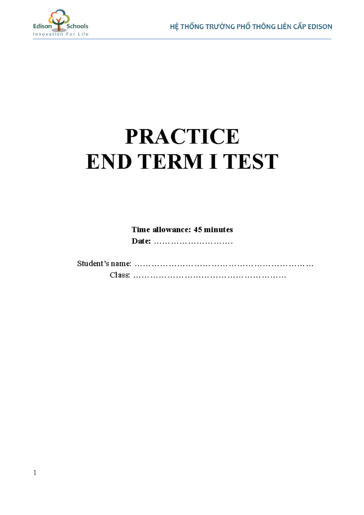 6B- Practice Endterm 1 Written Test - PRACTICE END TERM I TEST Time ...