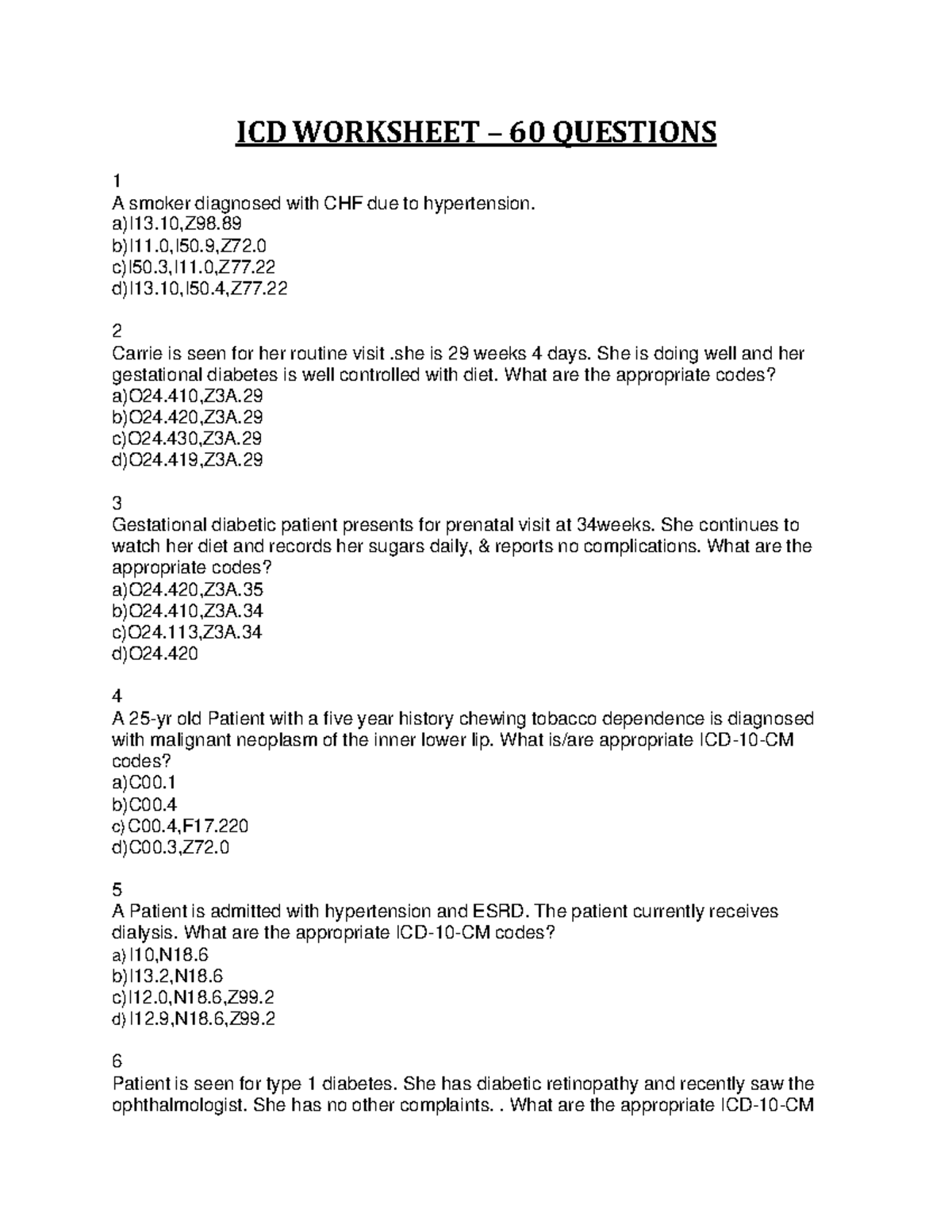 ICD QB 3 2024 - icd 10 cm question bank - ICD WORKSHEET – 60 QUESTIONS ...