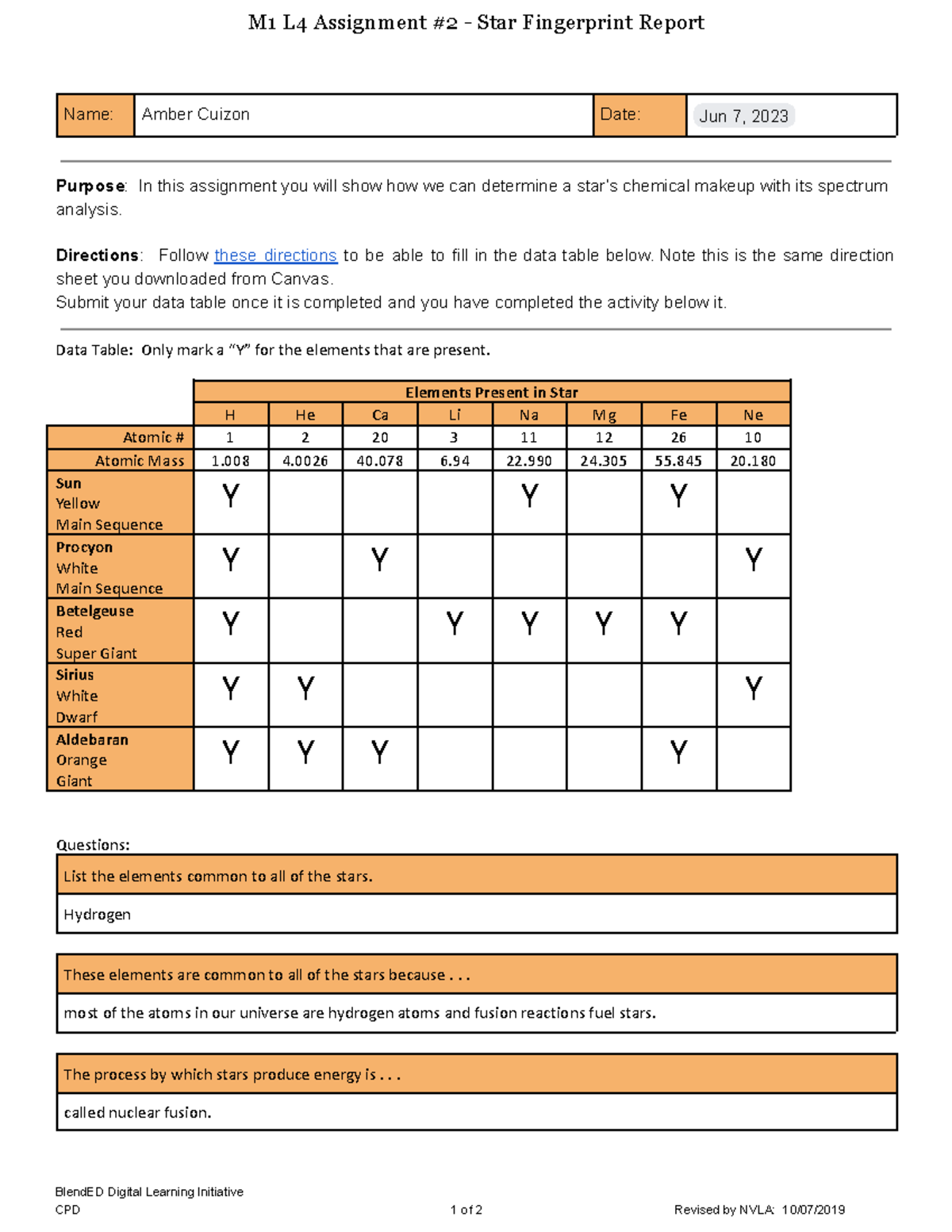 star fingerprint assignment answer key