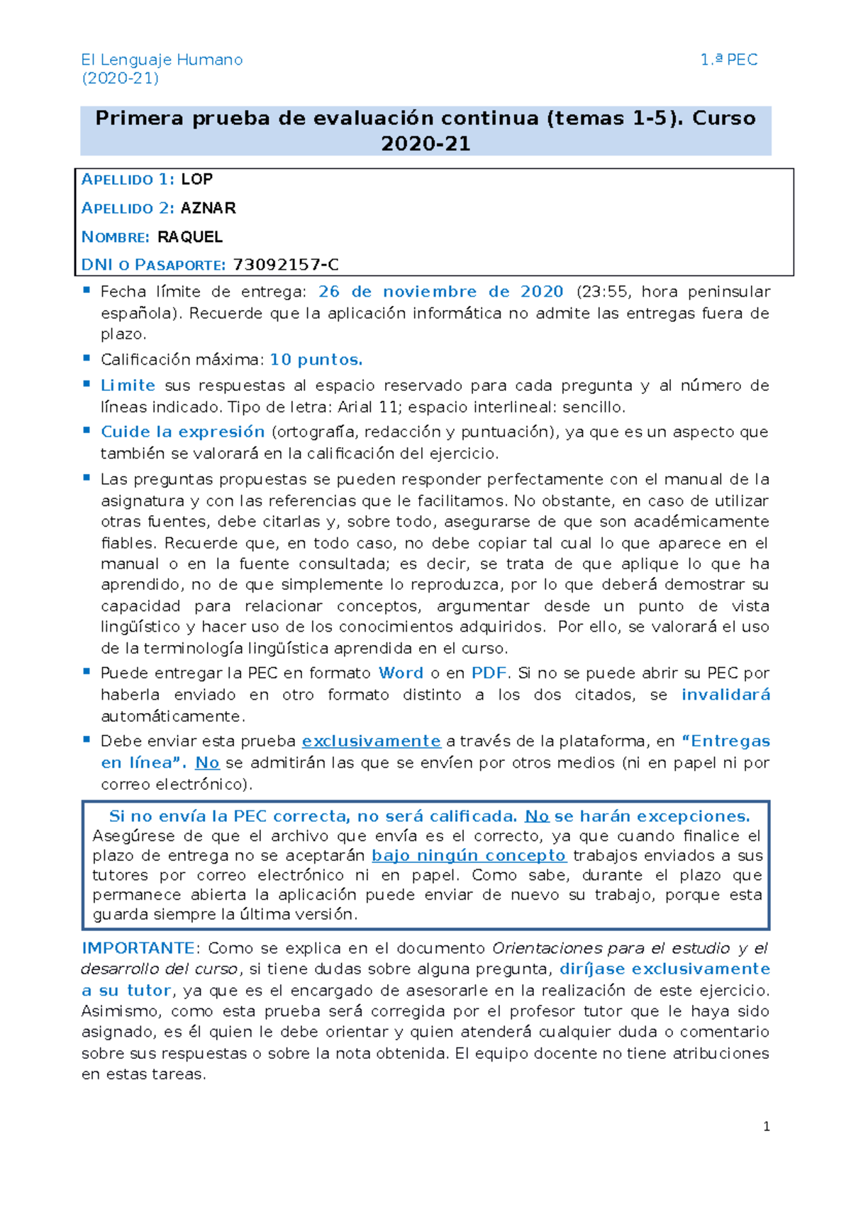 Prueba de Evaluación Continua Lenguaje Humano - UNED - Studocu