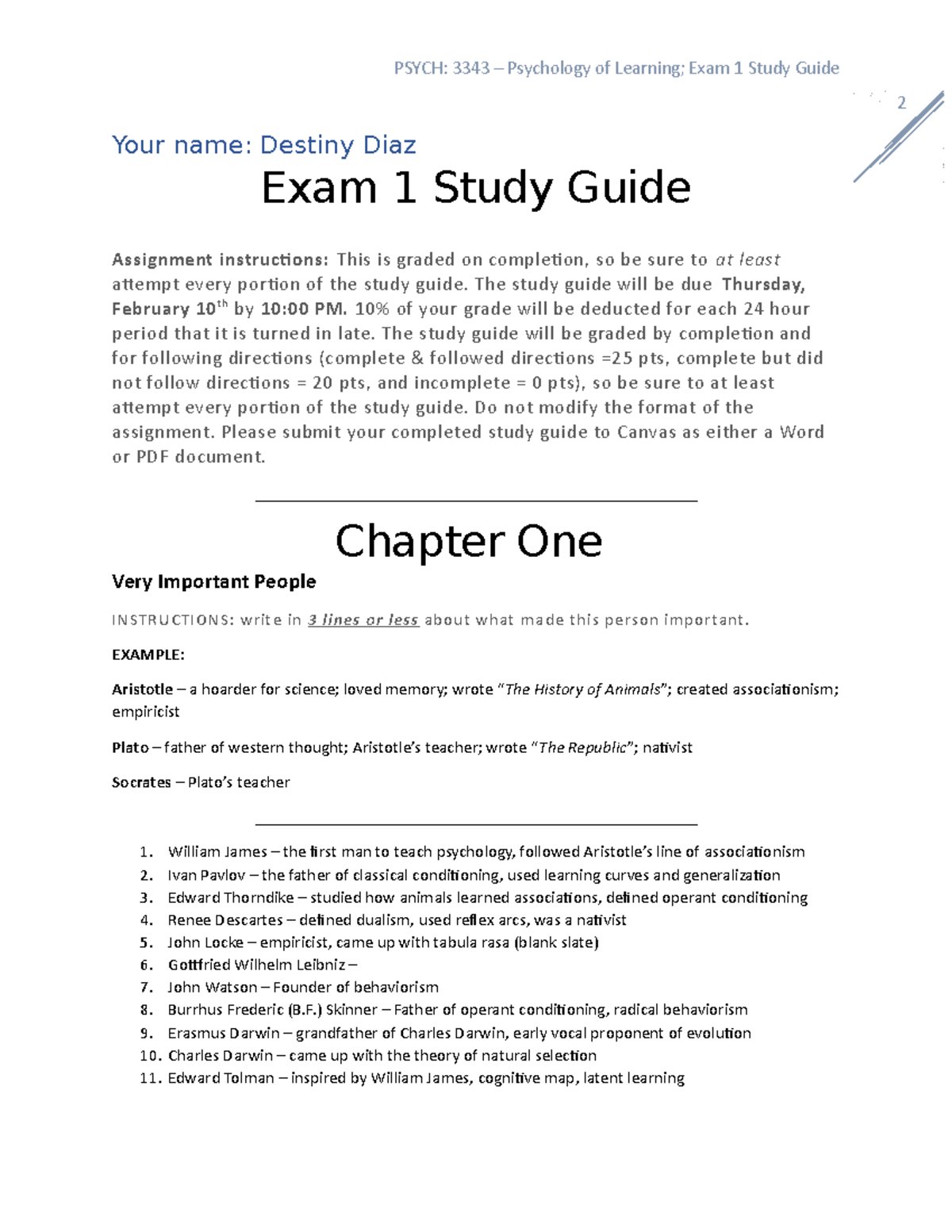 Exam 1 Study Guide - Olson - 2 Your name: Destiny Diaz Exam 1 Study ...