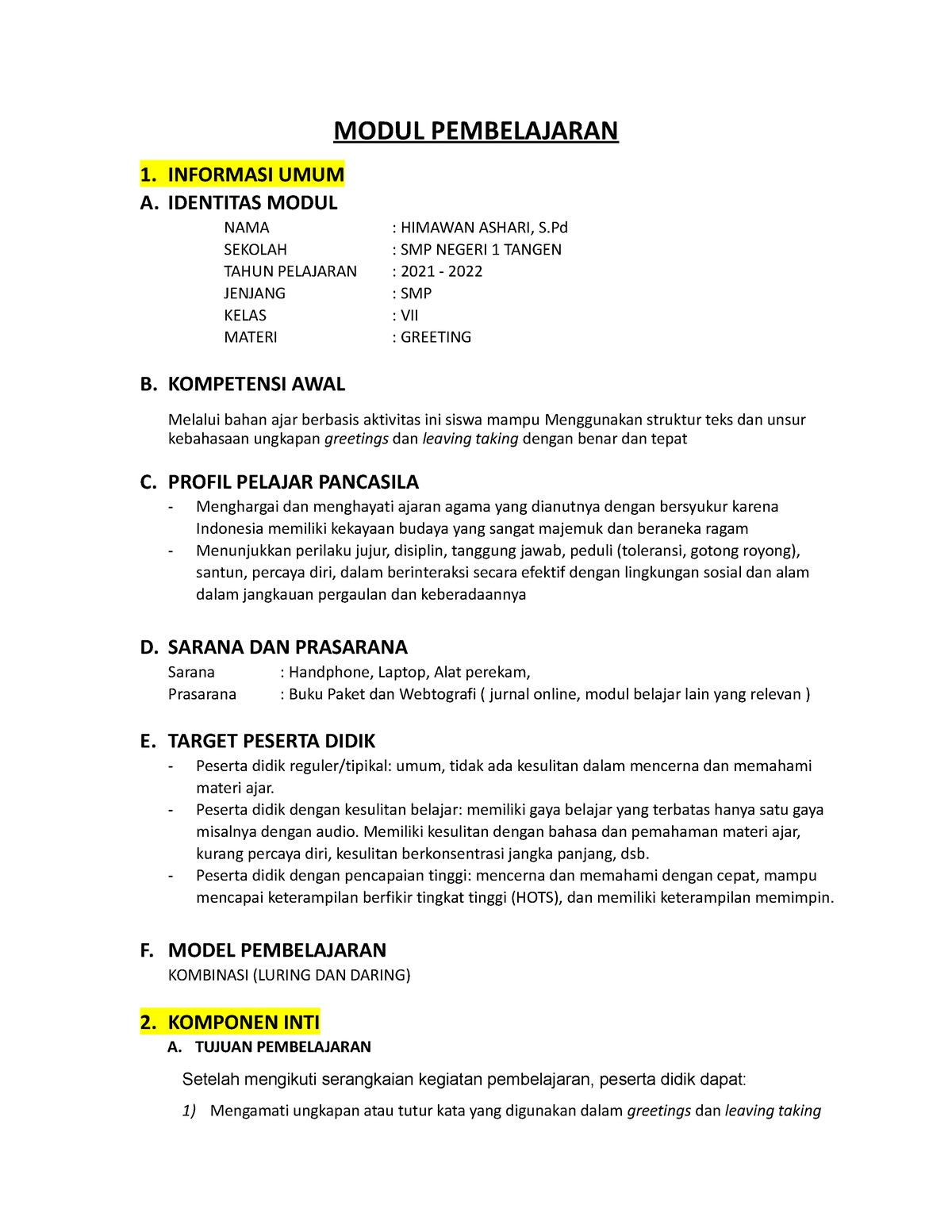 Modul AJAR 3 - MODUL PEMBELAJARAN 1. INFORMASI UMUM A. IDENTITAS MODUL ...