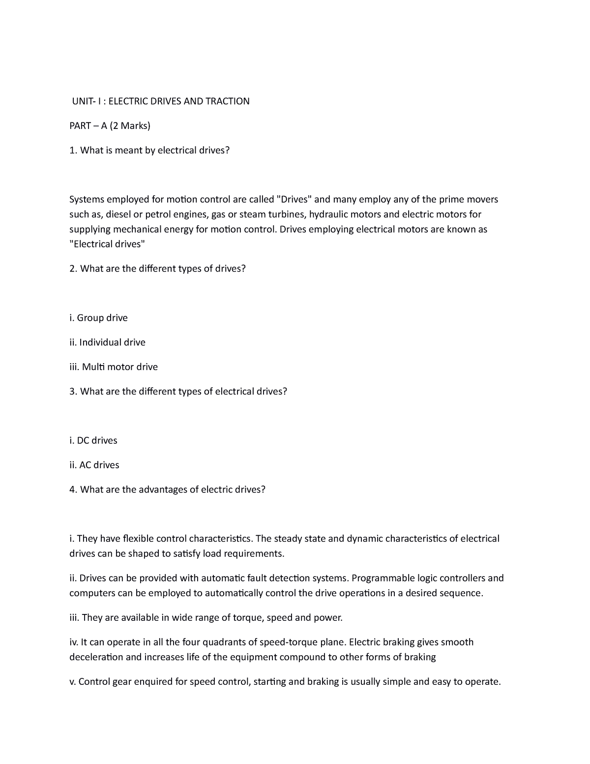 TWO Marks Eeugc - internal test - UNIT- I : ELECTRIC DRIVES AND ...