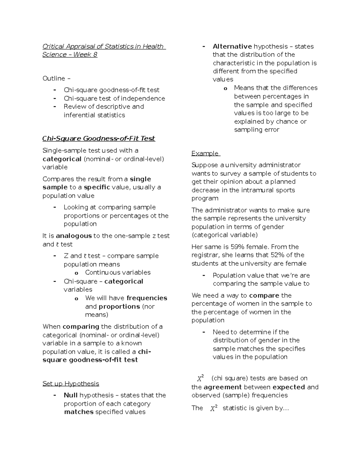 CAS L8 - Chi Square - Lecture notes 8 - Critical Appraisal of ...