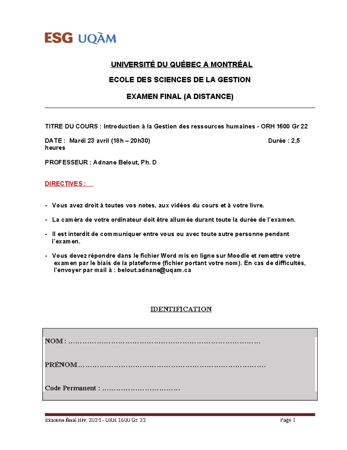 Examen Final A Distance ORH 1600 - UNIVERSITÉ DU QUÉBEC A MONTRÉAL ...