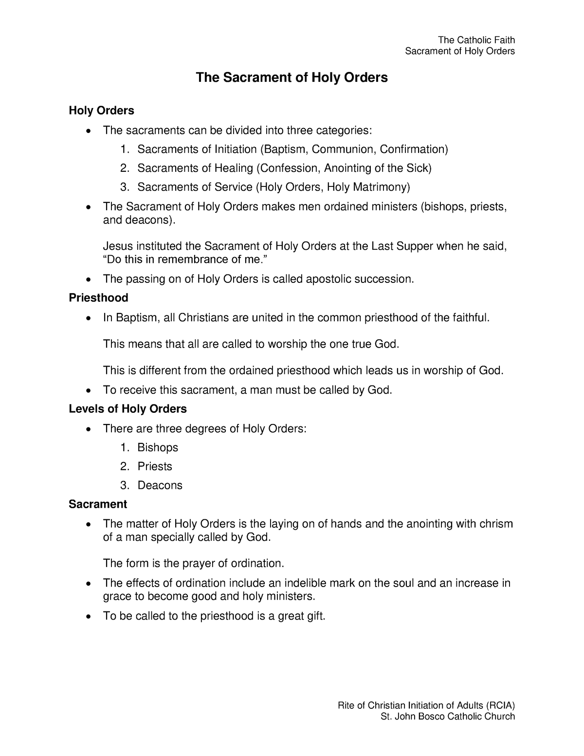 Rcia21-holyordersoutline - Sacrament of Holy Orders Rite of Christian ...