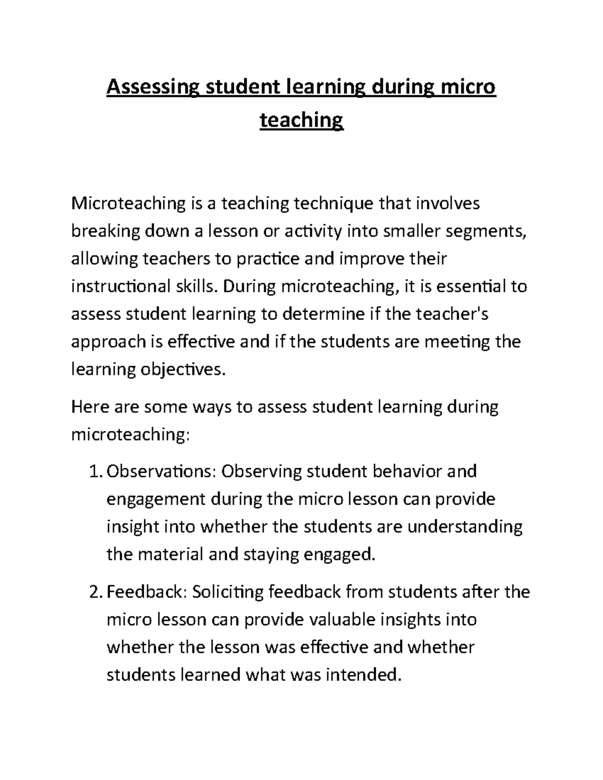 Assessing student learning during micro teaching - Assessing student ...