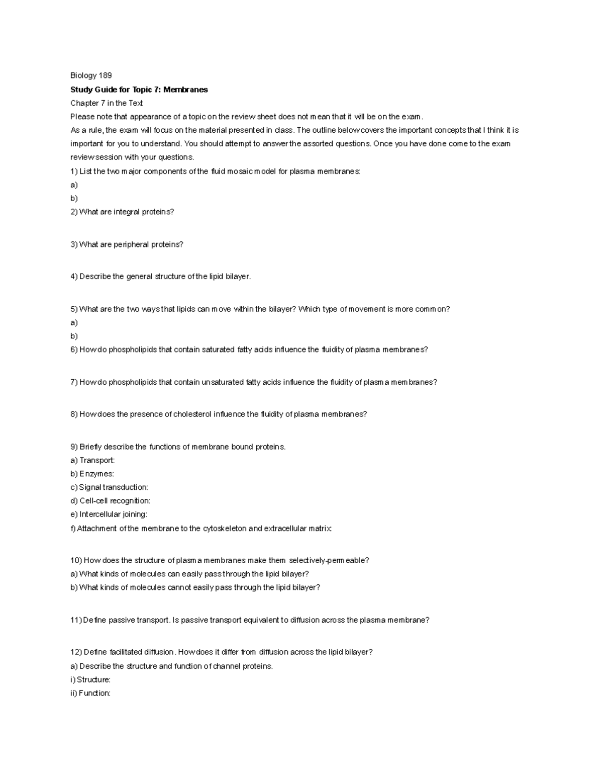 Study Guide For Exam - Biology 189 Study Guide For Topic 7: Membranes 