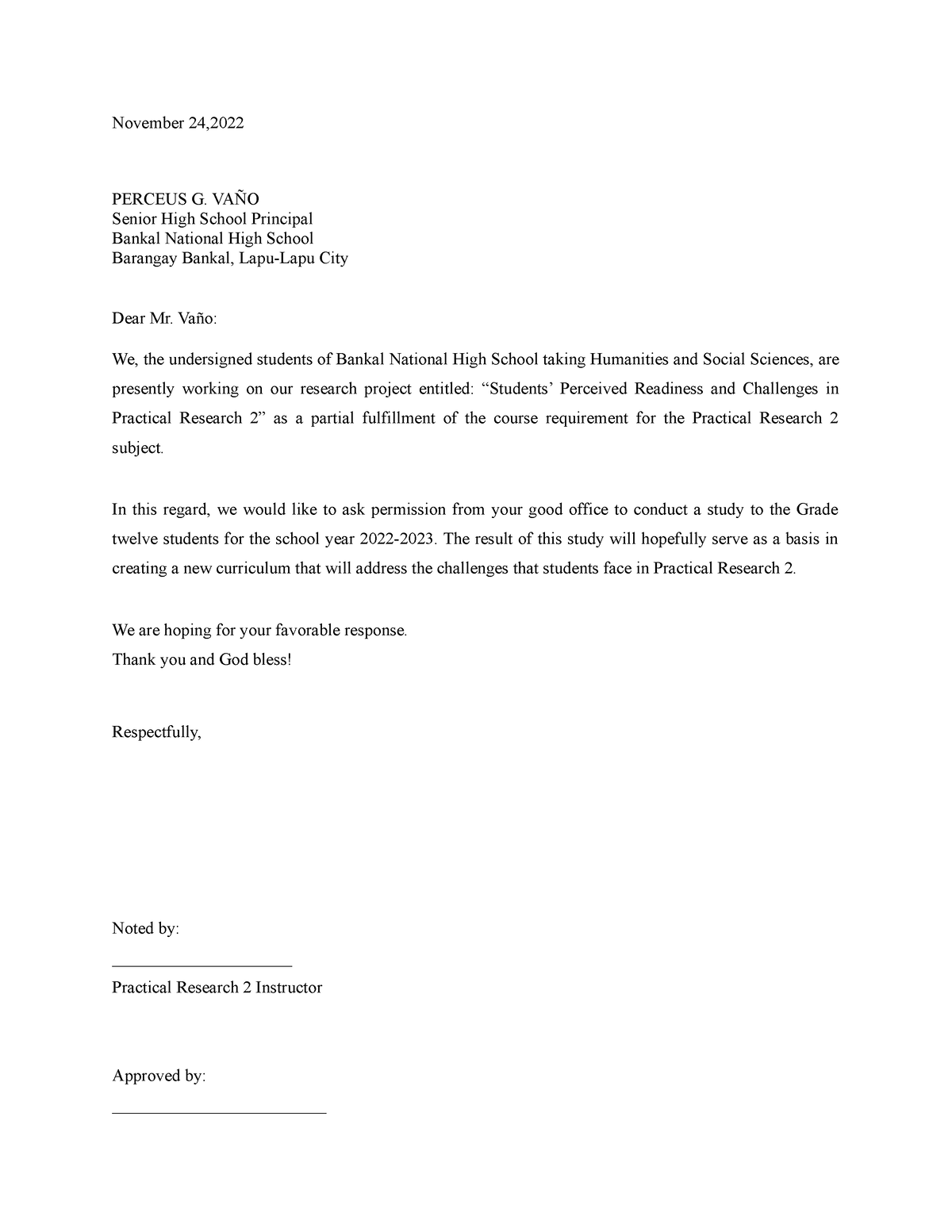 Letter OF Permission TO THE School Principal - November 24, PERCEUS G ...